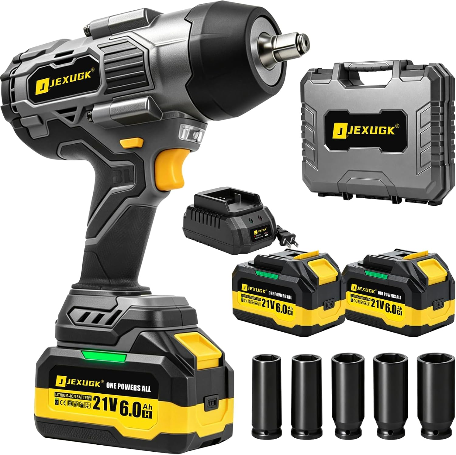 2200Nm Cordless Impact Wrench, 1/2" Electric Impact Gun with 2 X 6.0Ah Batteries, 21V Brushless High Torque Impact Wrench with 5 Pneumatic Sockets, Impact Driver for Truck Tire Lug Nut Removal