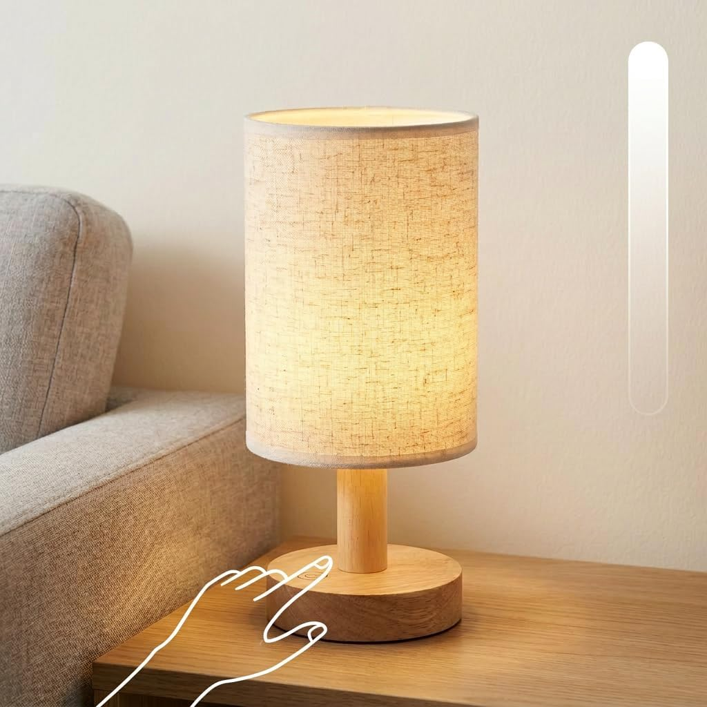 Small Cordless Bedside Table Lamp, Rechargeable 2200Mah Battery Powered Lamp with Touch Control, 2700K Warm Dimmable Lamp Natural Wood Base Linen Shade for Bedroom Dorm Nursery Outdoor Patio Camping