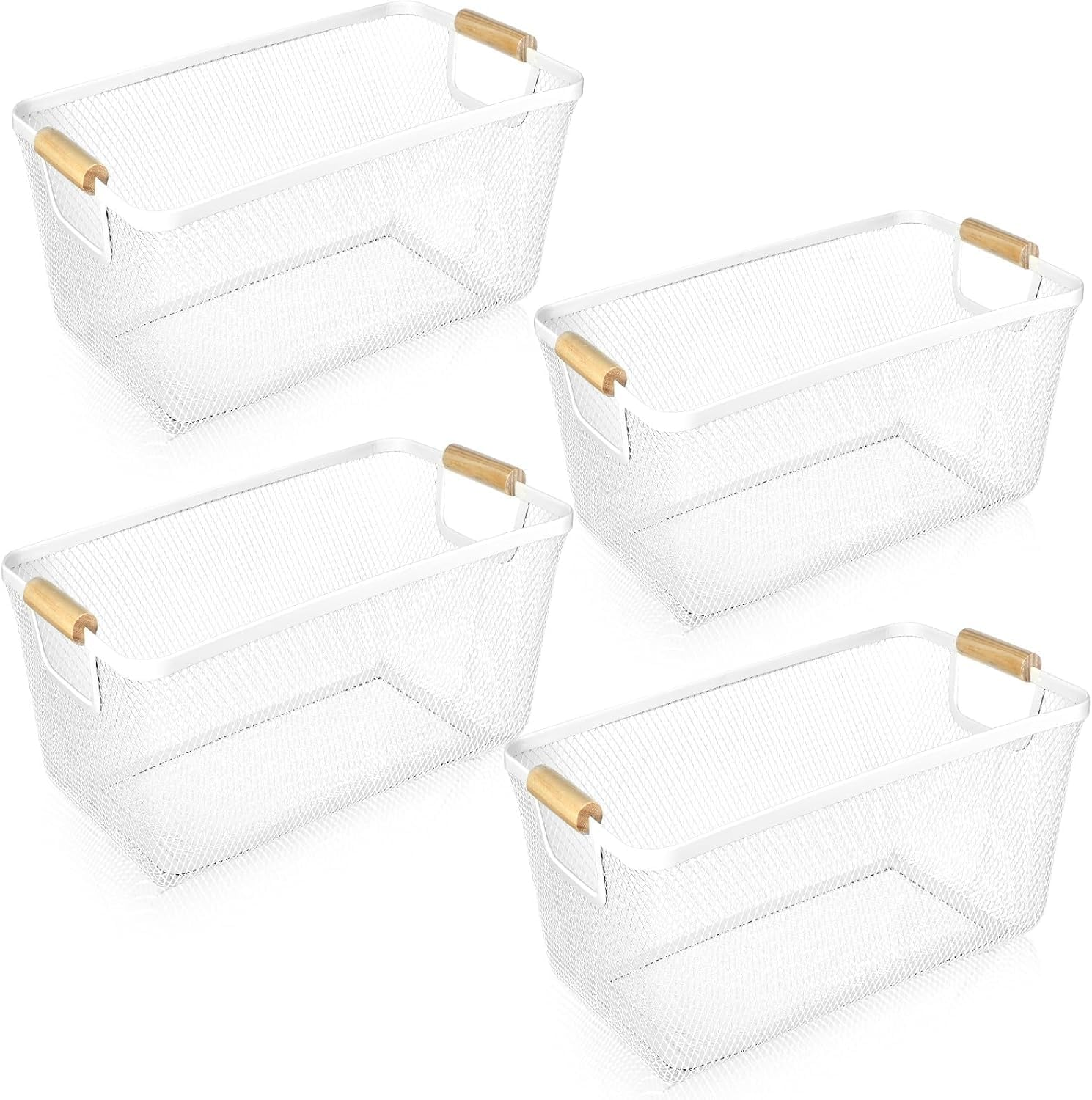 Storageworks Metal Wire Storage Baskets, White Mesh Steel Organizer with Wooden Handles, Large 4-Piece Set for Kitchen, Pantry, Bathroom, Closet