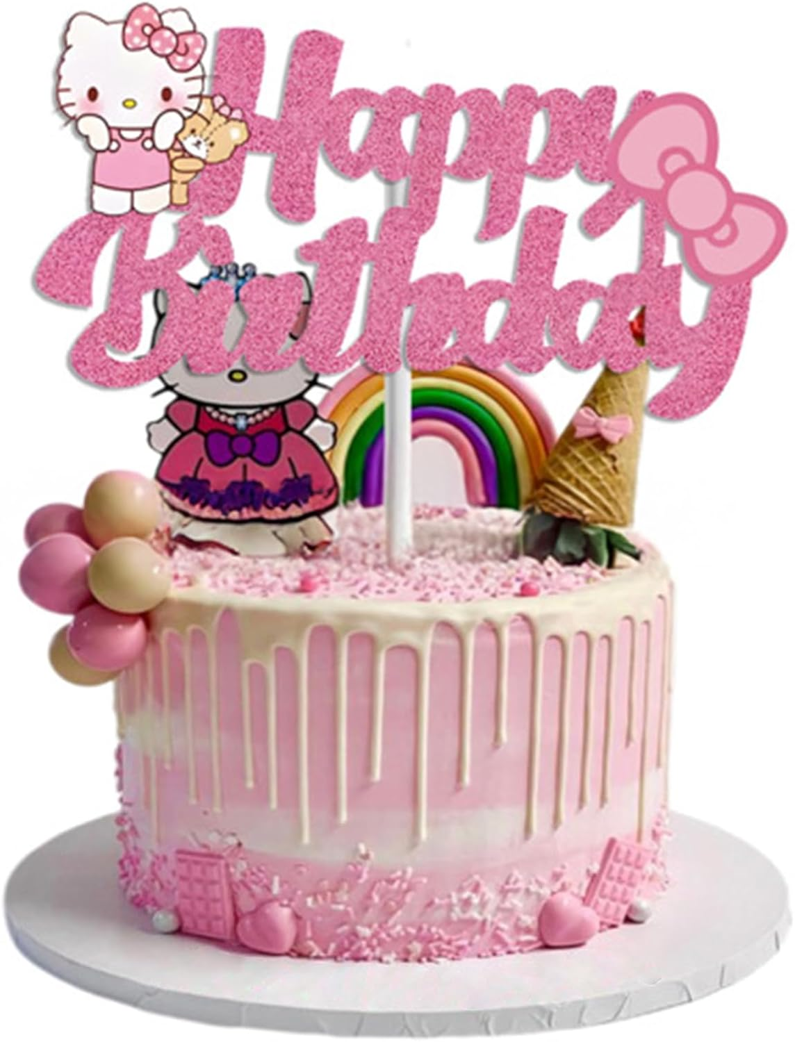 Cute Pink Happy Birthday Cake Topper Glitter Cartoon Party Decorations