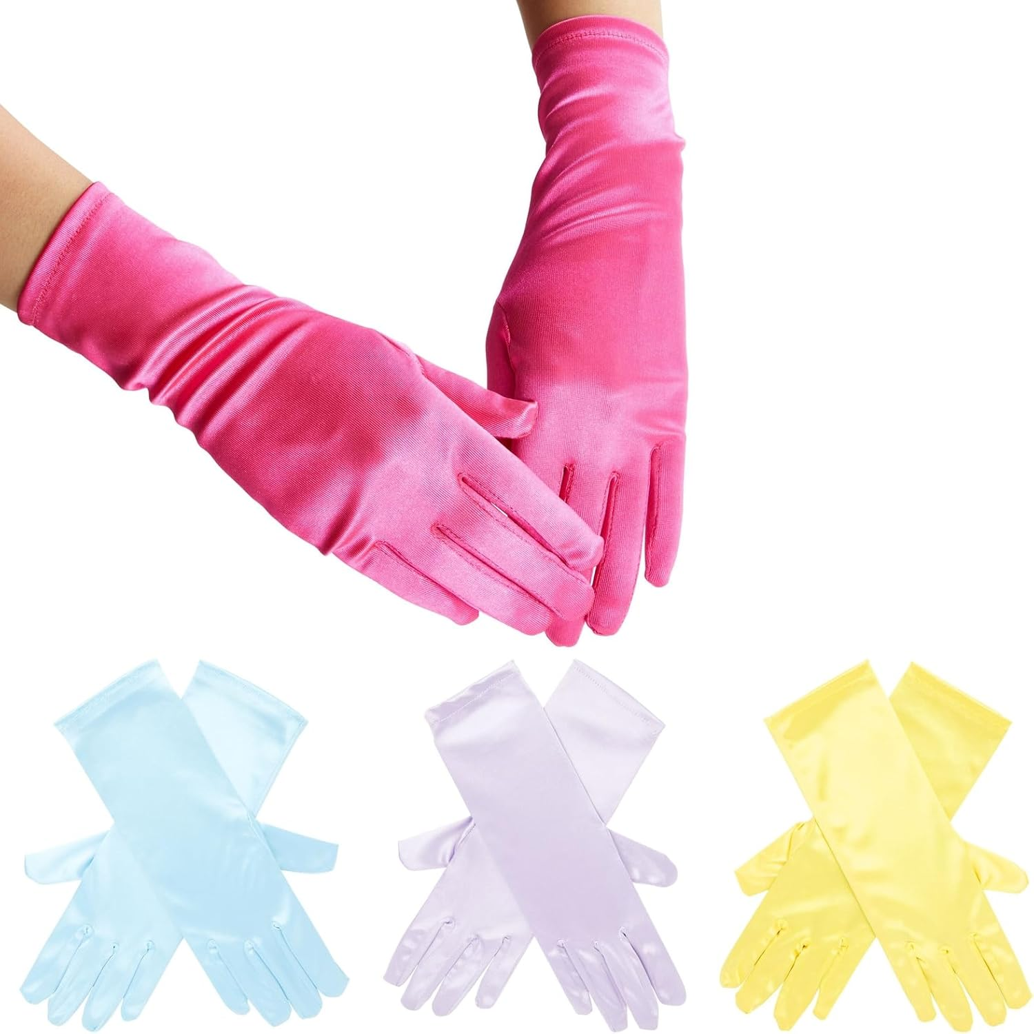 4 Pairs of Satin Princess-Style Gloves for Little Girls Dress up Costumes, Tea Party, Birthday, Wedding, Pageant (4 Colors), for Ages 3+