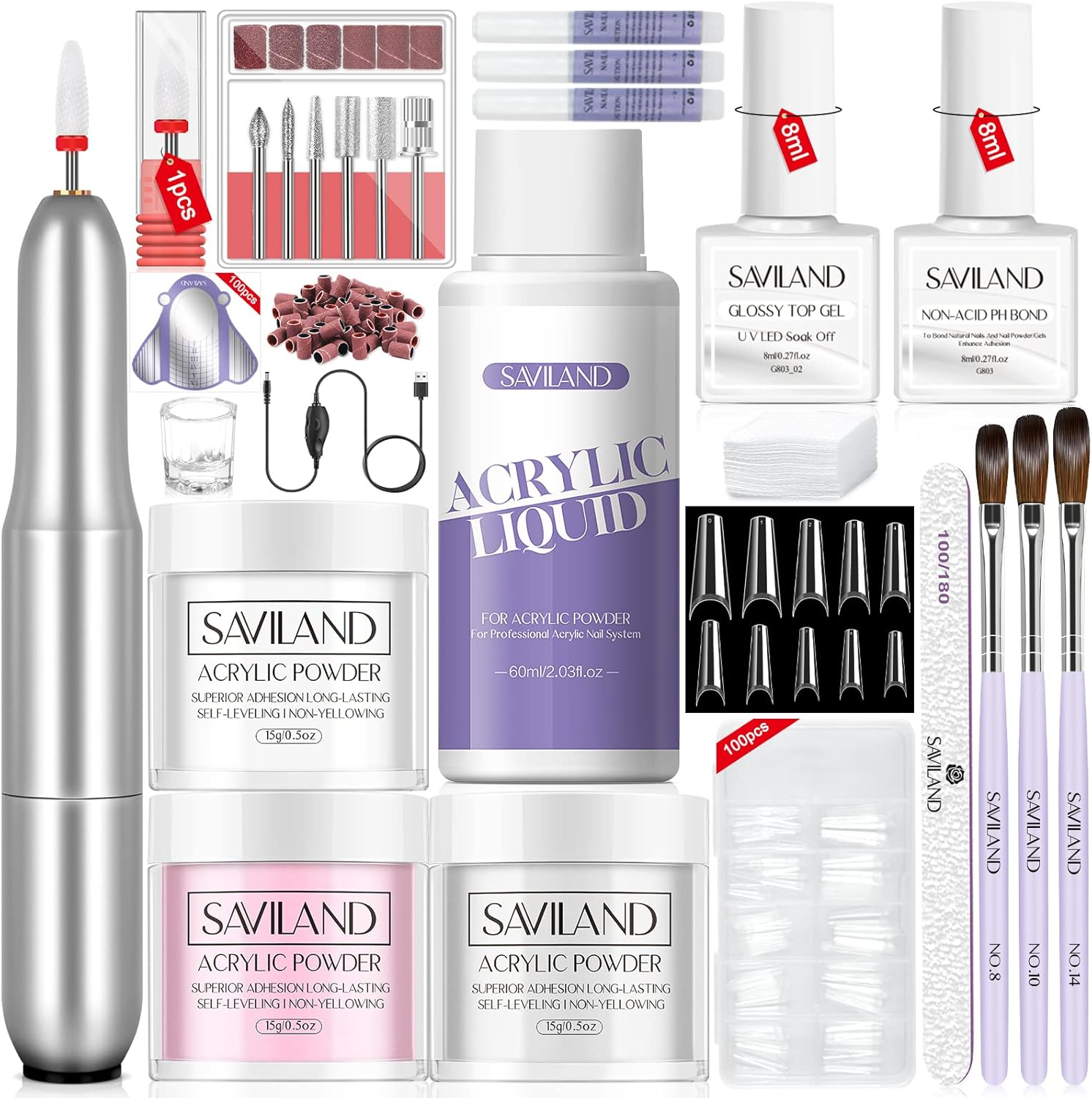 Saviland Acrylic Nail Kit - 3 Colors Acrylic Powder and Liquid Set with Acrylic