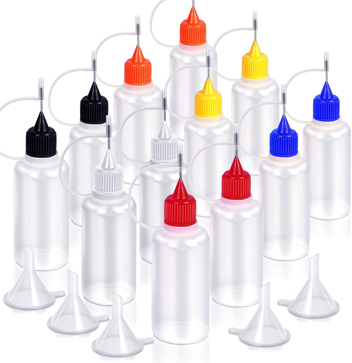 12pcs Precision Tip Applicator Bottles with 5 Mini Funnels,  30ml Needle Tip Squeeze Glue Bottles for Paint Quilling Craft, 6 Colors
