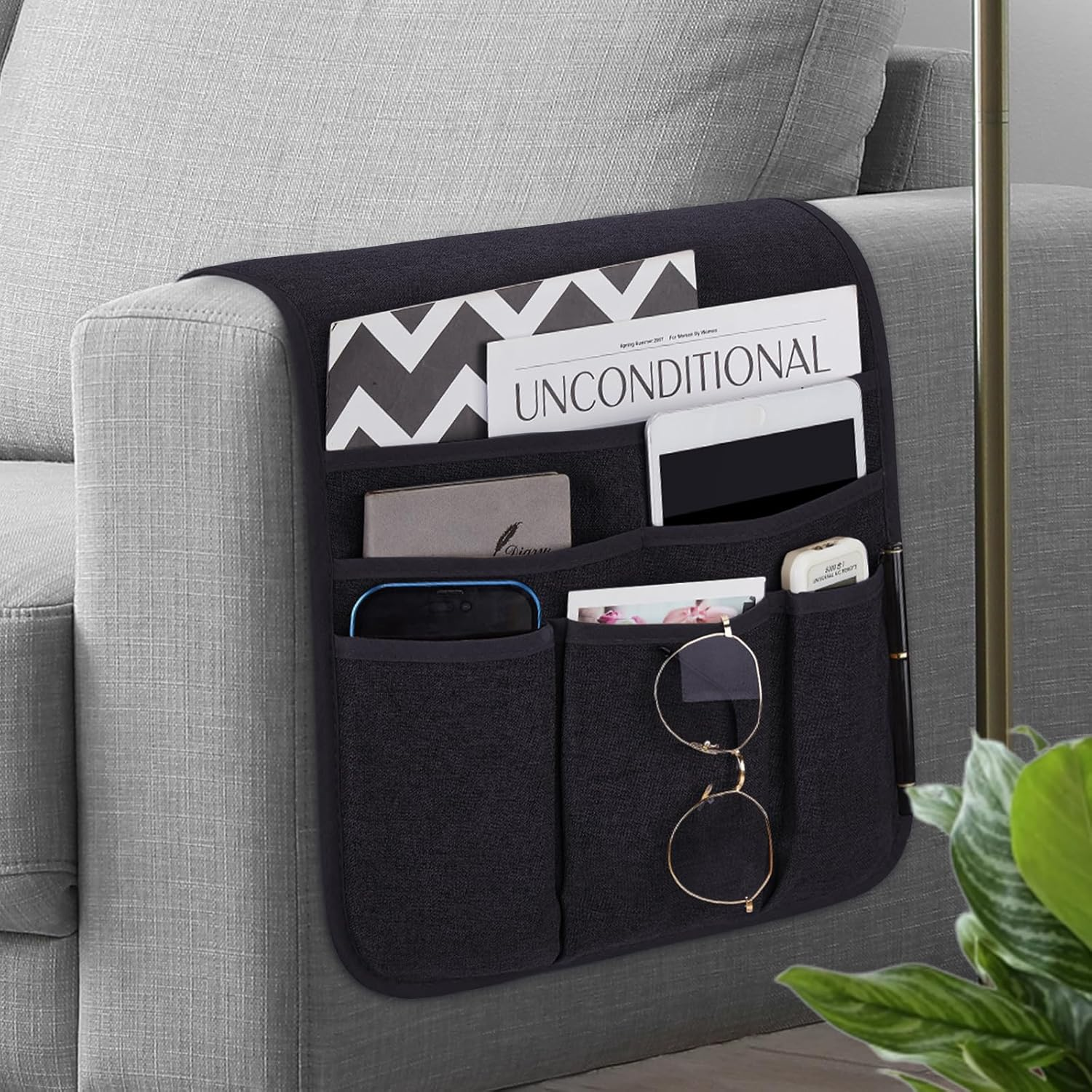 Remote Control Holder Armchair Caddy for Recliner Couch, Non-Slip Armrest Organizer with 5 Pockets for Magazine, Tablet, Phone, Ipad