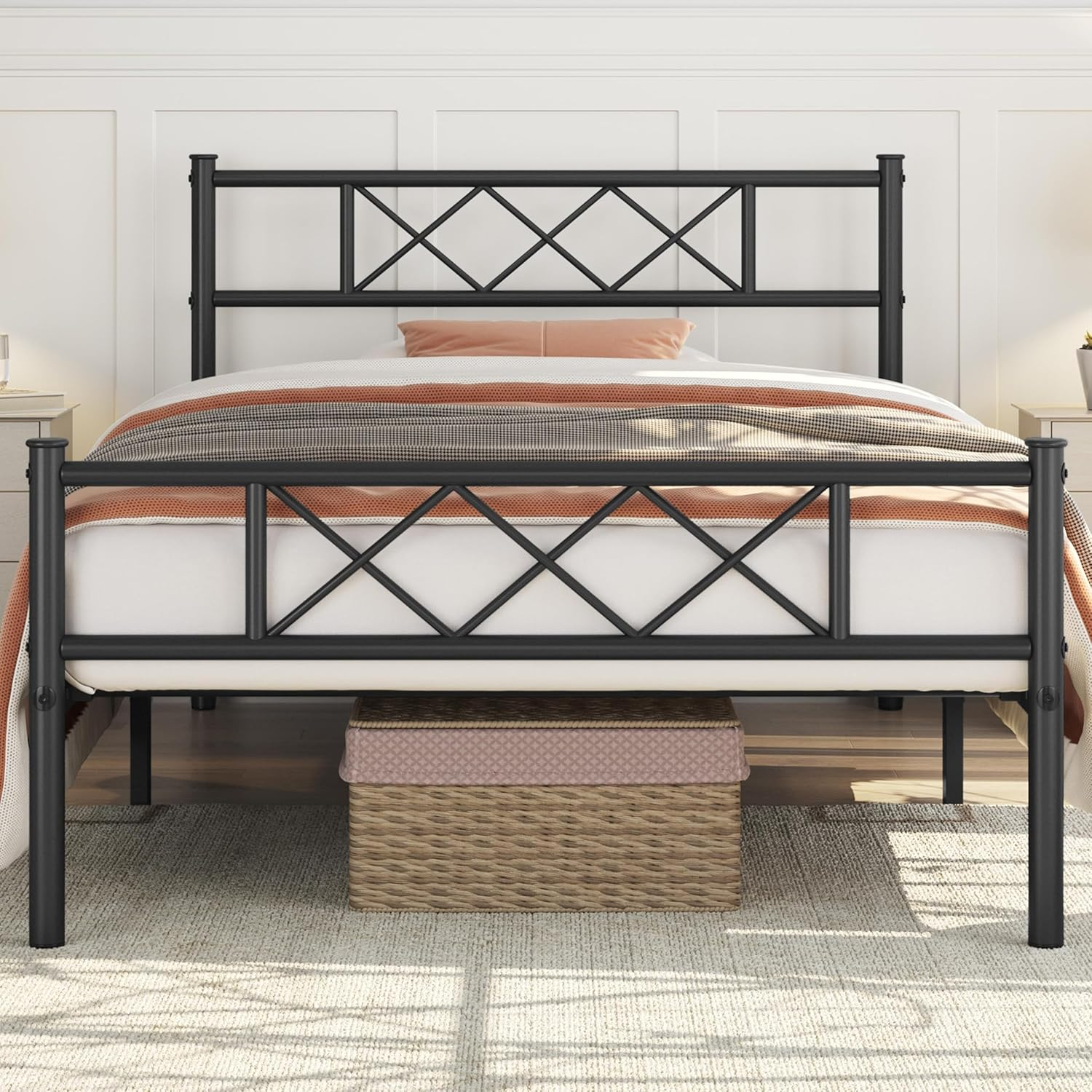 Twin XL Metal Platform Bed Frame Mattress Foundation with Headboard and Footboard No Box Spring Needed under Bed Storage Steel Slats Black