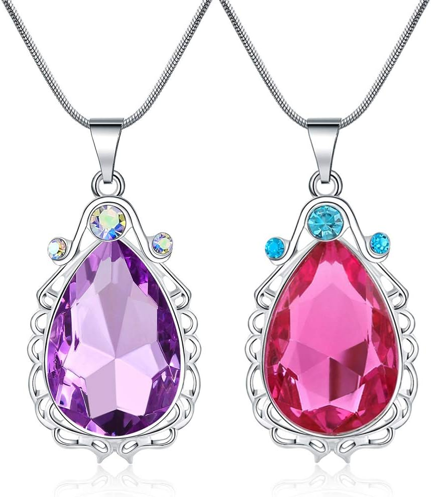 2 Pcs Sofia the First Amulet and Elena Princess Necklace Twin Sister Teardrop Necklace Magic Jewelry Gift for Girls