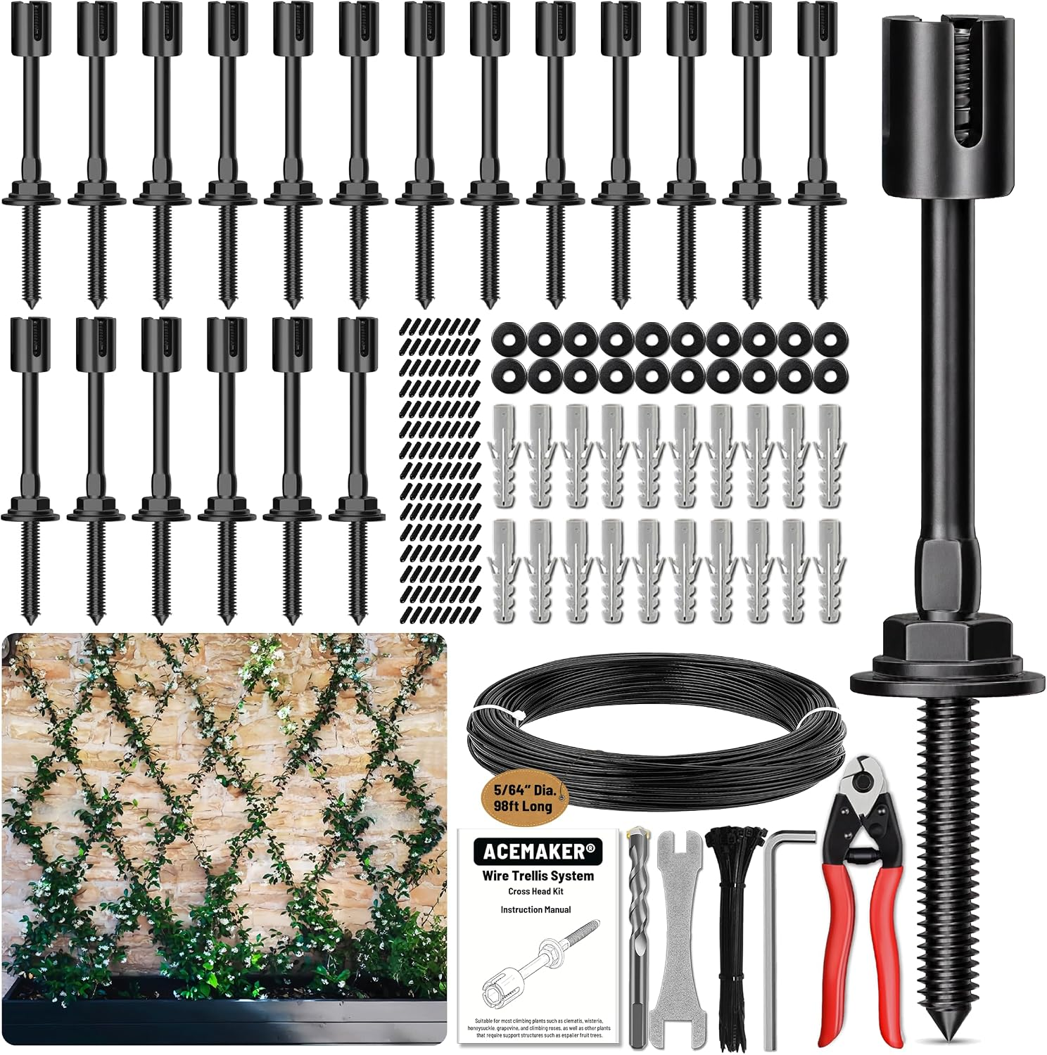 Wire Trellis Kit 20-Set 5/64” Black Crosshead W/Cutter&98Ft Cable