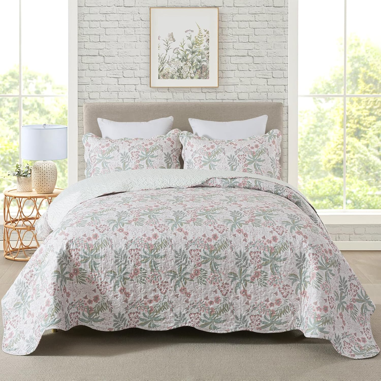 Lightweight Coverlet Set 3-Piece Bedspread Quilt Set Garden Style Floral Printed Oversized Quilted Bedding Set with Shams for All Season, Exquisite, Queen Size