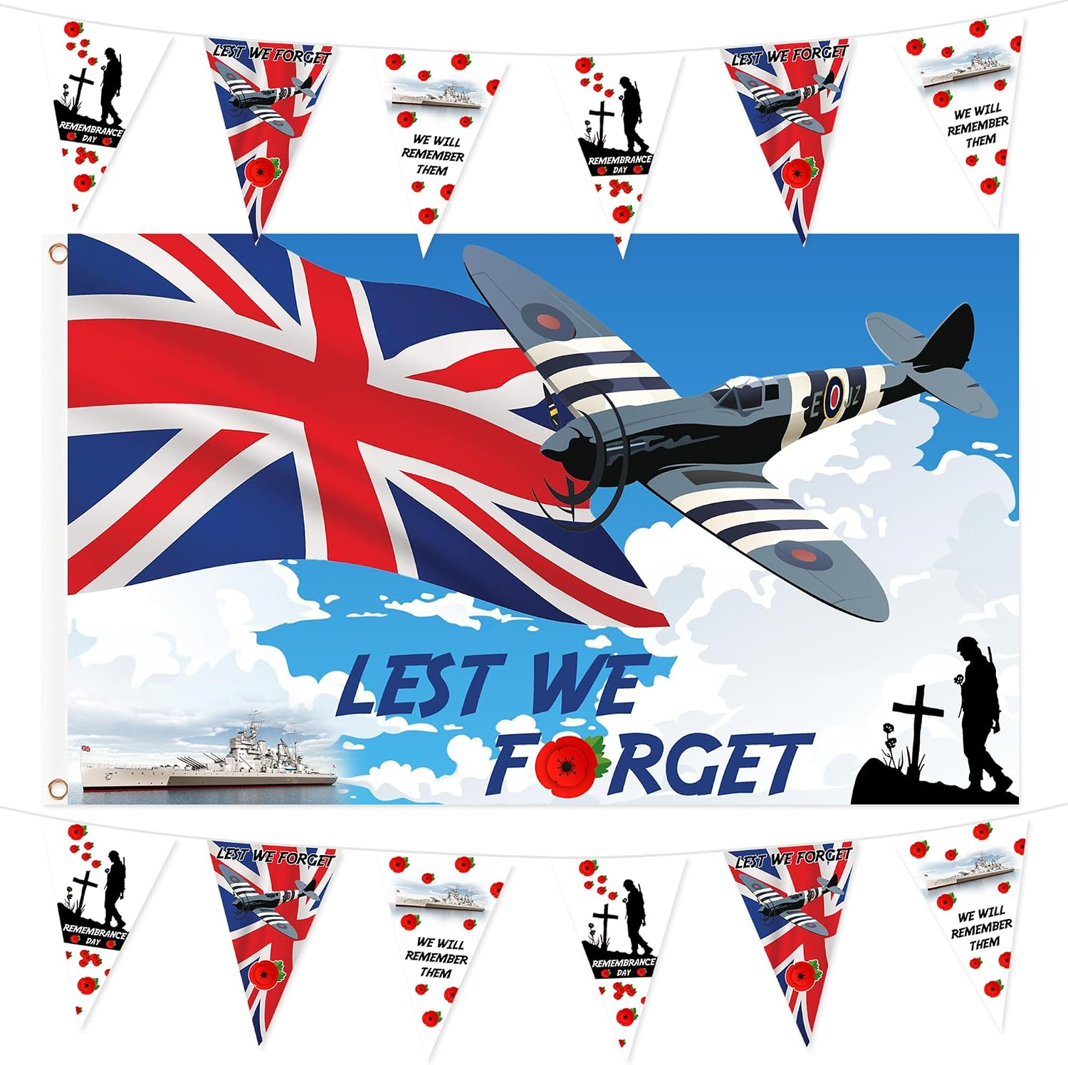 2 Pieces Lest We Forget Flag Set, Remembrance Flag 5 x 3 ft & Poppy Bunting