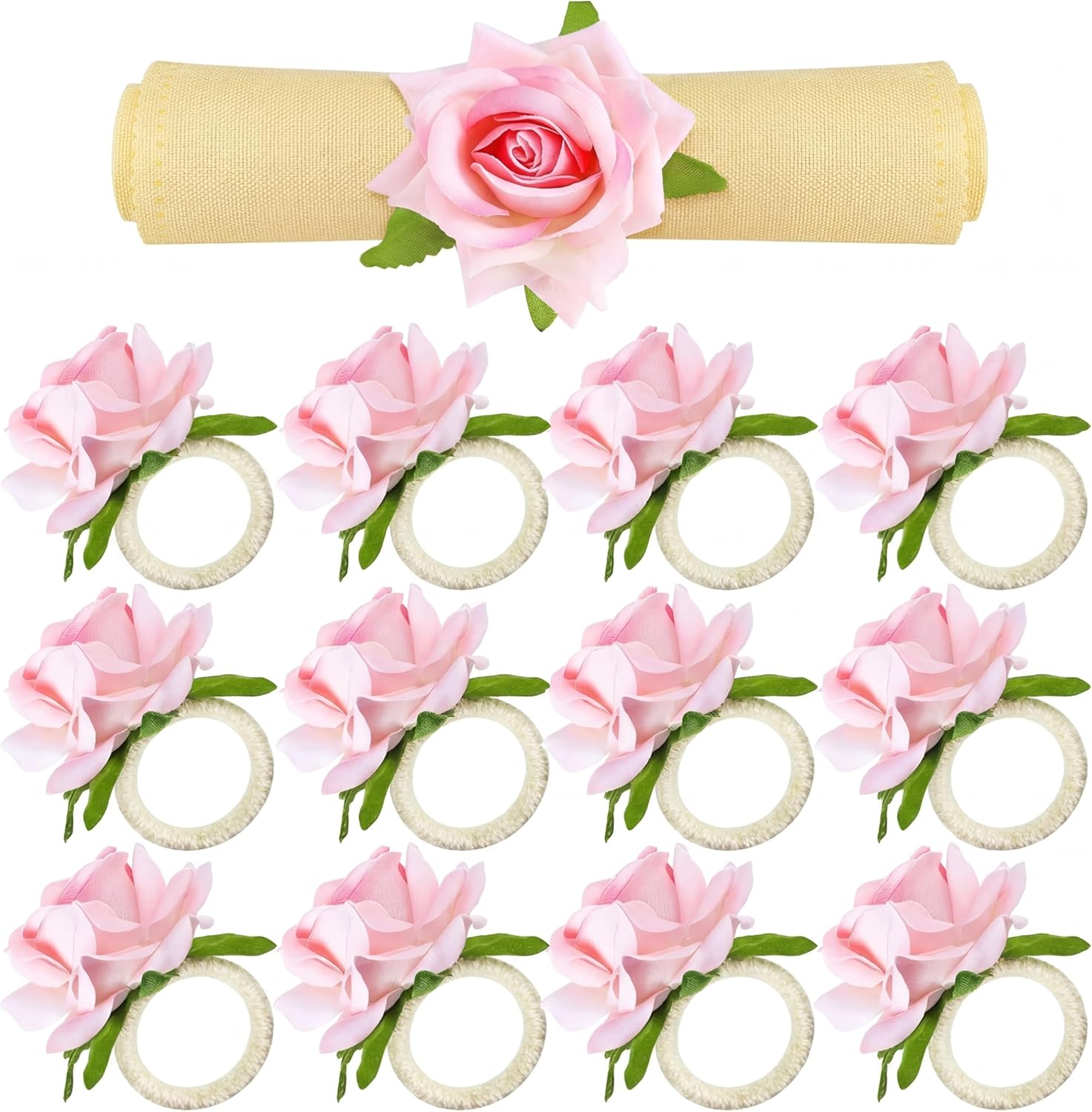 12 Pcs Pink Floral Napkin Rings Spring Handcraft Flower Napkin Rings Rose Peony Holder Table Decoration for Mother'S Day Wedding Banquet Birthday Party