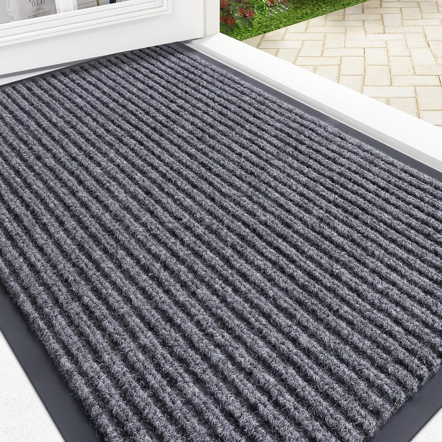 Front Door Mat Indoor Outdoor Entrance, Waterproof Heavy Duty Doormat, Fade Resistant, Low Profile, Easy Clean Patio Porch Welcome Floor Mats for Entry, 29.5X17, Grey