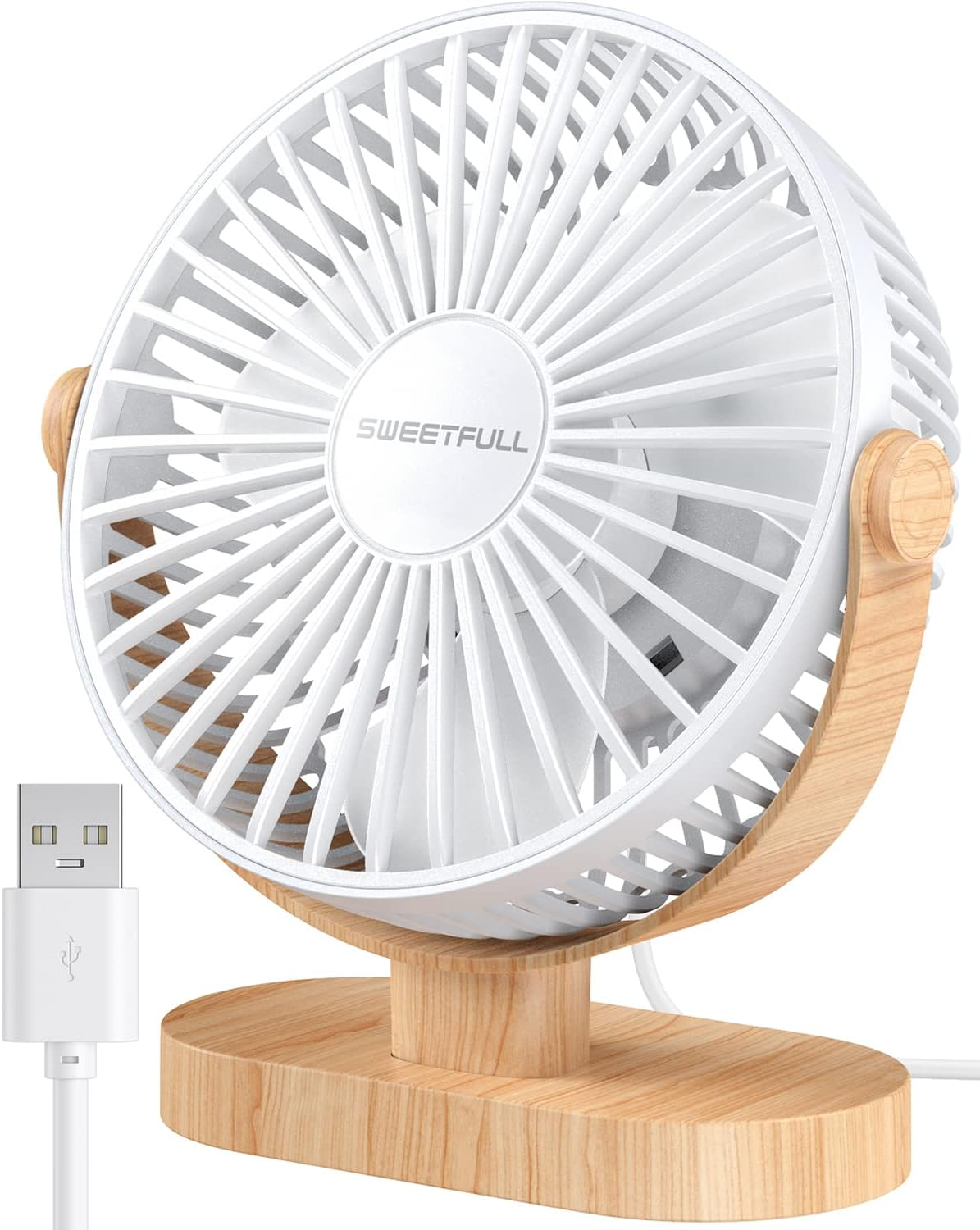 Small USB Desk Fan 6.5 Inch, 3 Speeds Portable Personal Desktop Table Fan, Dual 360° Adjustment Mini Fan, Quiet Operation, for Home Office Car Outdoor Travel (White Wood Grain)