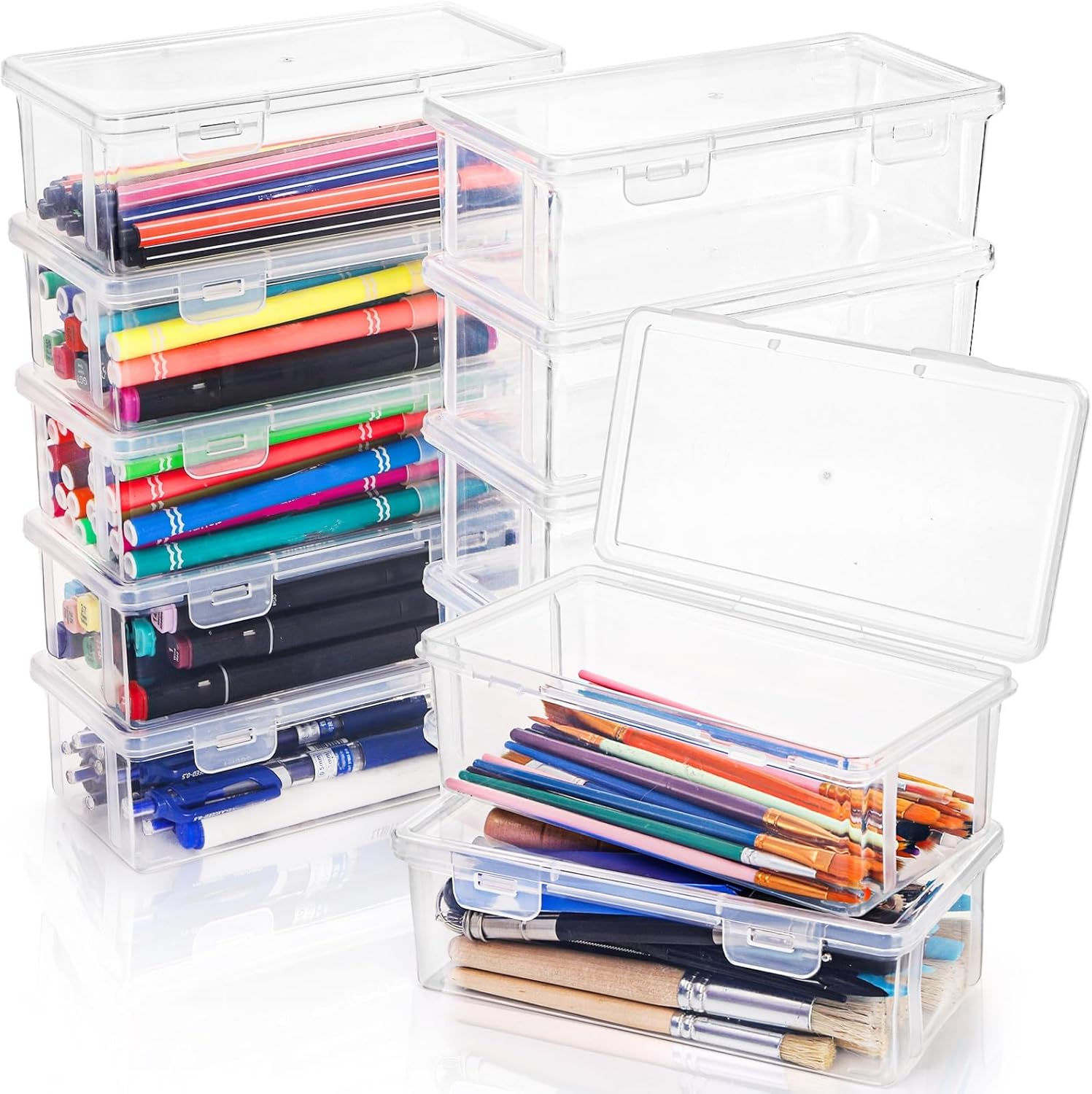 12 Packs Clear Pencil Box, Plastic Pencil Case with Lid, Storage Boxes Bulk Stackable Design, Durable Office Supplies Organizer for Crayon Pencil, Craft, Brush