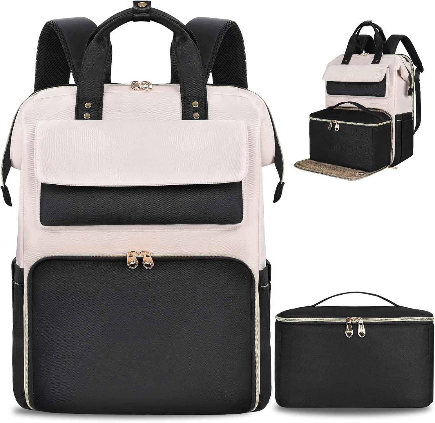 Lunch Backpack for Women, 15.6~17.3 Inch Laptop Backpack with Insulated Cooler Lunch Box, Work Bag for Teacher Nurse Travel College Picnic,Cream-No Lunch Box-15.6