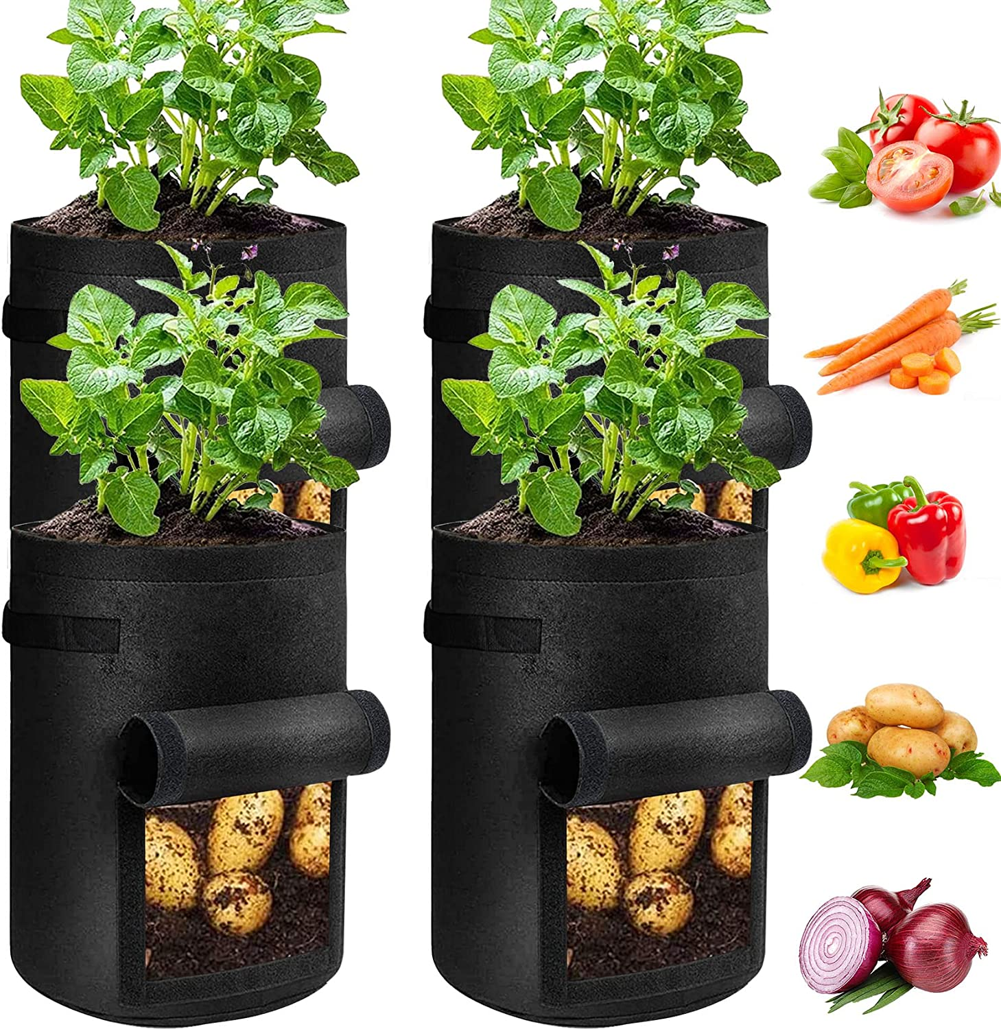 4 Pack Potato Grow Bags 10 Gallon with Flap, Heavy Duty Fabric with Handle and Harvest Window, Non-Woven Planter Pot Plant Garden Bags to Grow Vegetables Tomato, Black