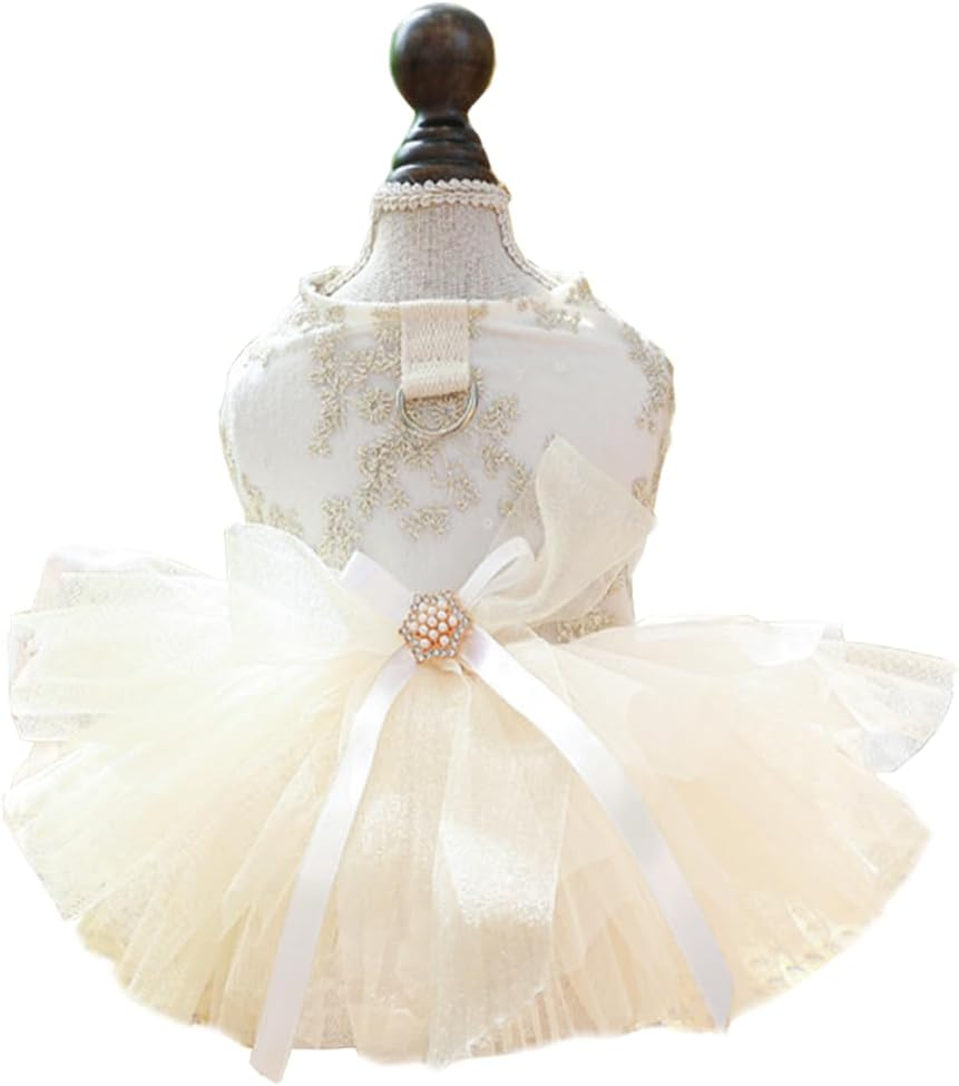 Embroidered Dog Dress for Small Dog,Girl Puppy Princess Tutu Dress with Leash Ring,Cat Apparel,Chihuahua Yorkie Clothes for Birthday Wedding (Medium, Champagne)