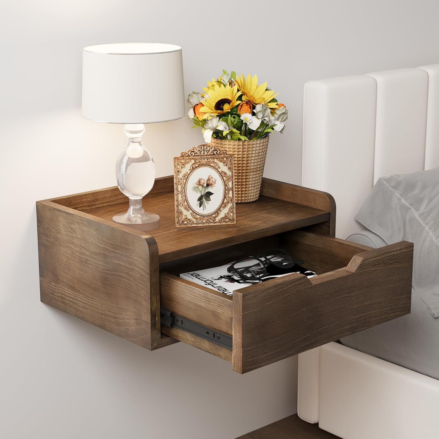 Floating Nightstand, Bedside Shelf Wall Mounted, Small Modern Floating Shelf Nightstand with Drawer, Floating Bedside Table Wall Shelf for Bedroom, Bathroom (Pine Wood)