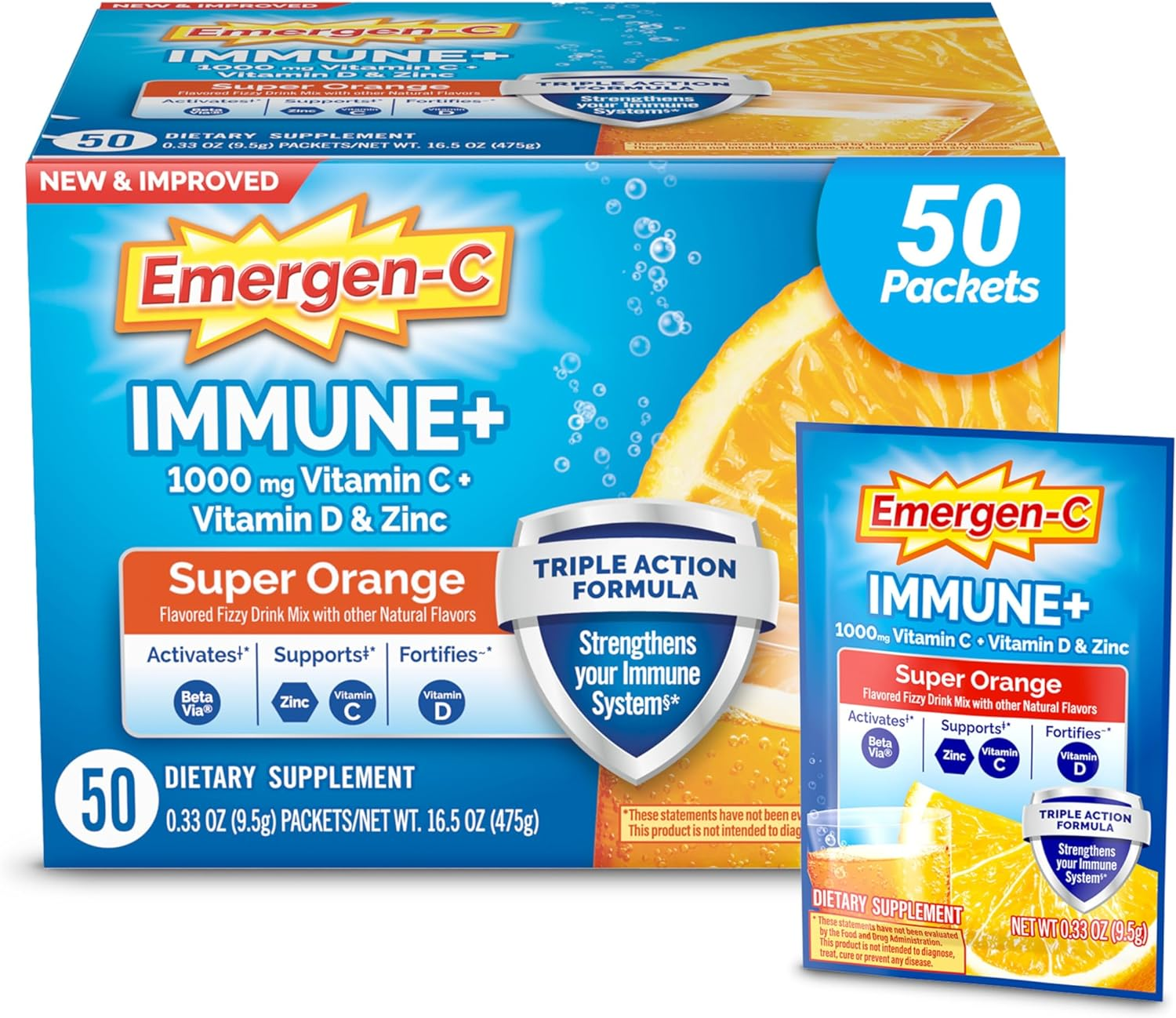 Emergen-C Immune+ Triple Action Immune Support Powder, Betavia (R), 1000Mg Vitamin C, B Vitamins, Vitamin D and Antioxidants, Super Orange – 50 Count