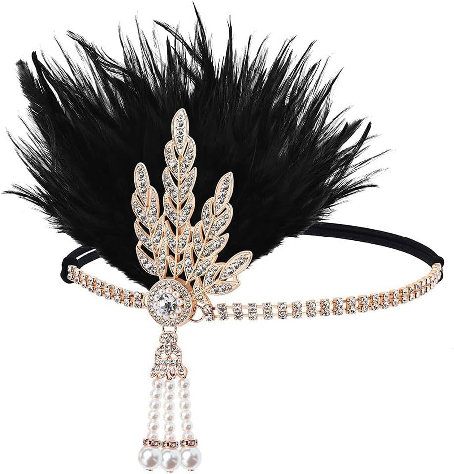 GORTIN 1920'S Flapper Feather Headband Art Deco Headpiece Inspired Leaf Medallion Pearl Headband