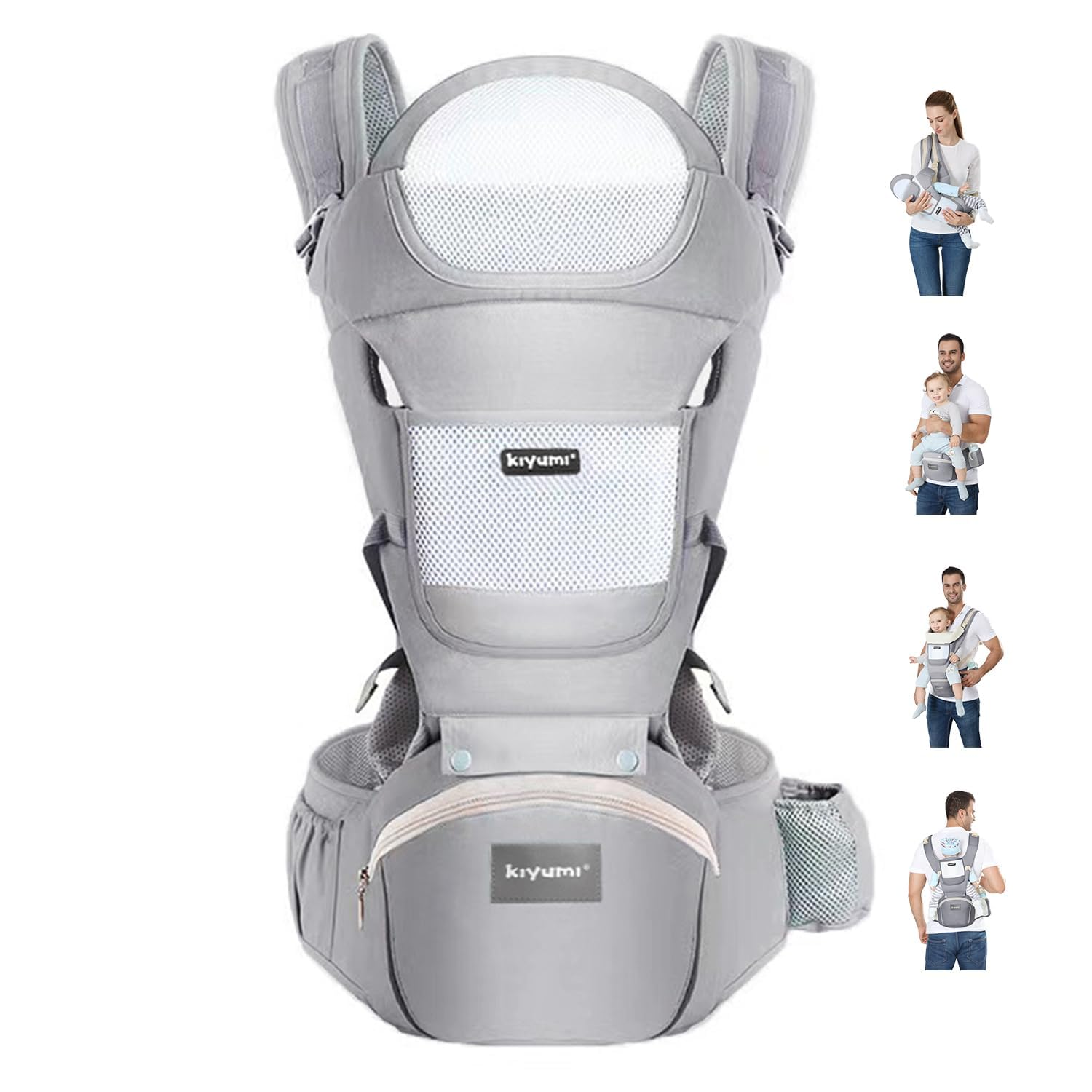 Baby Carrier with Hip Seat, 6- In-1 Baby Carrier Newborn to Toddler, Ergonomic M Position, Head Support and Breathable Mesh,Adjustable Removable Baby Sling Carrier (7-45 Lbs), Grey