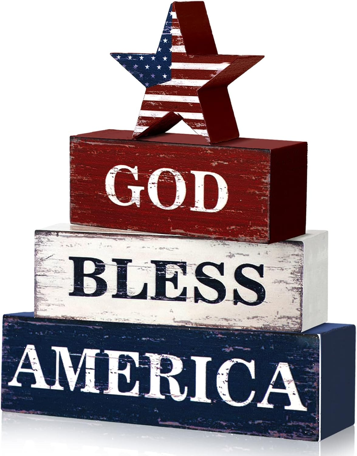 4 Pcs 4Th of July Decorations Patriotic Memorial Day Table Sign Independence Day Table Wood Decorations Red White Blue Block for Office Tiered Tray Home Shelf 250Th Anniversary(Flag)