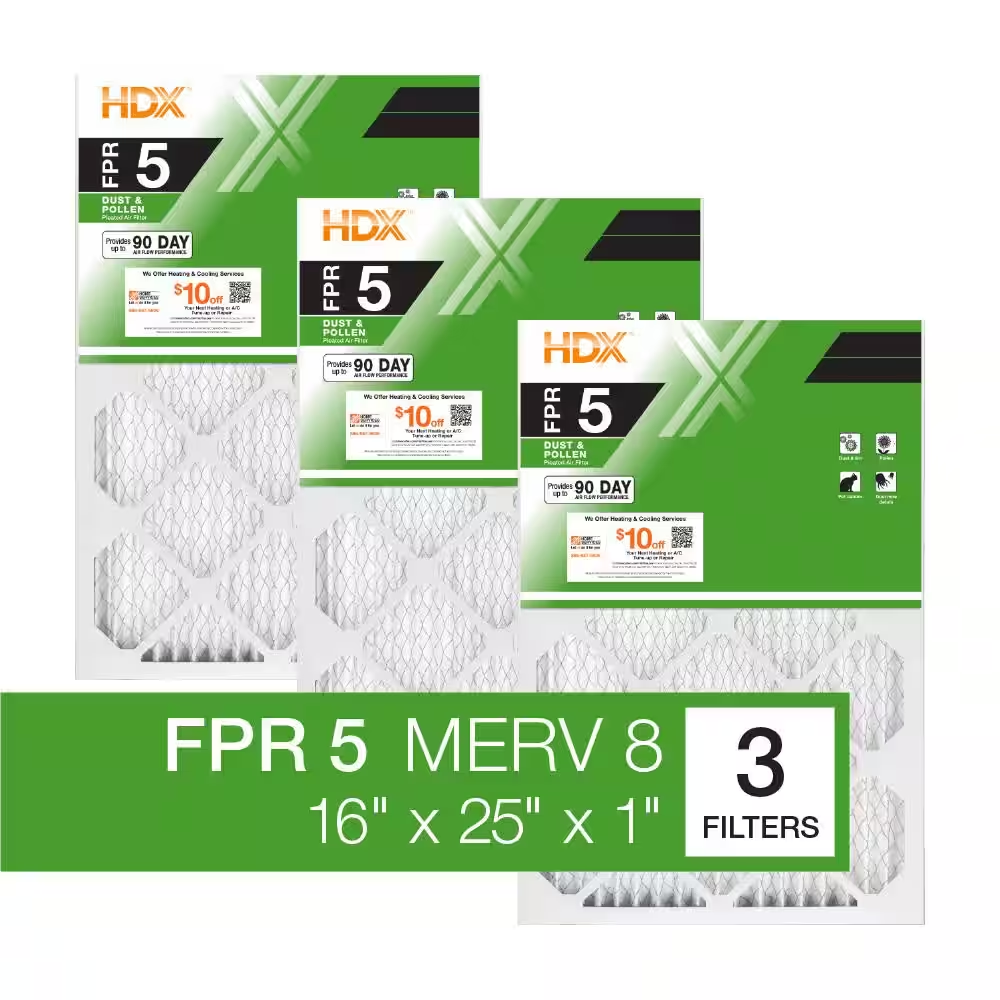 16 x 25 x 1 Standard Pleated Air Filter FPR 5, 3-Pack, Air Filters Replacement
