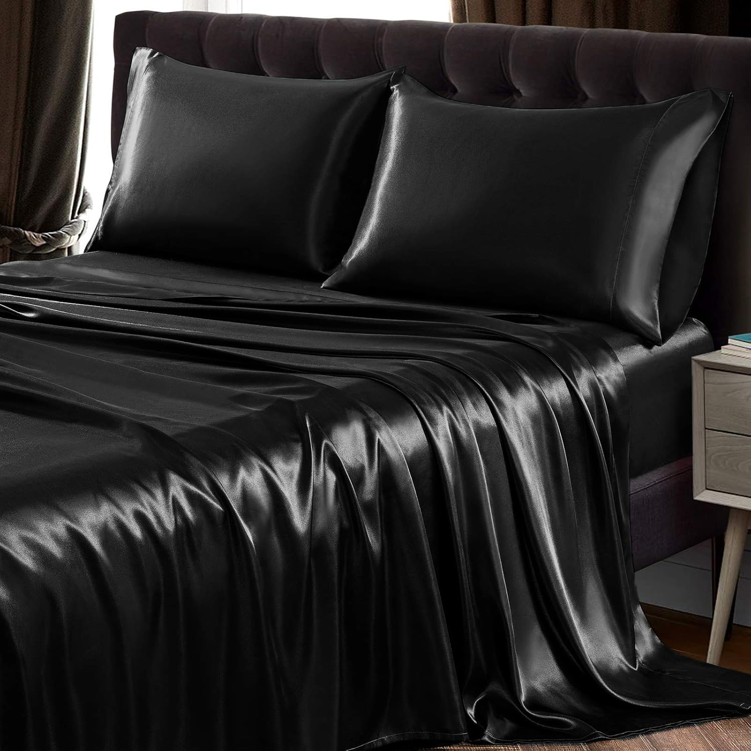 Siinvdabzx 4Pcs Satin Sheet Set Queen Size Ultra Silky Soft Black Satin Queen 