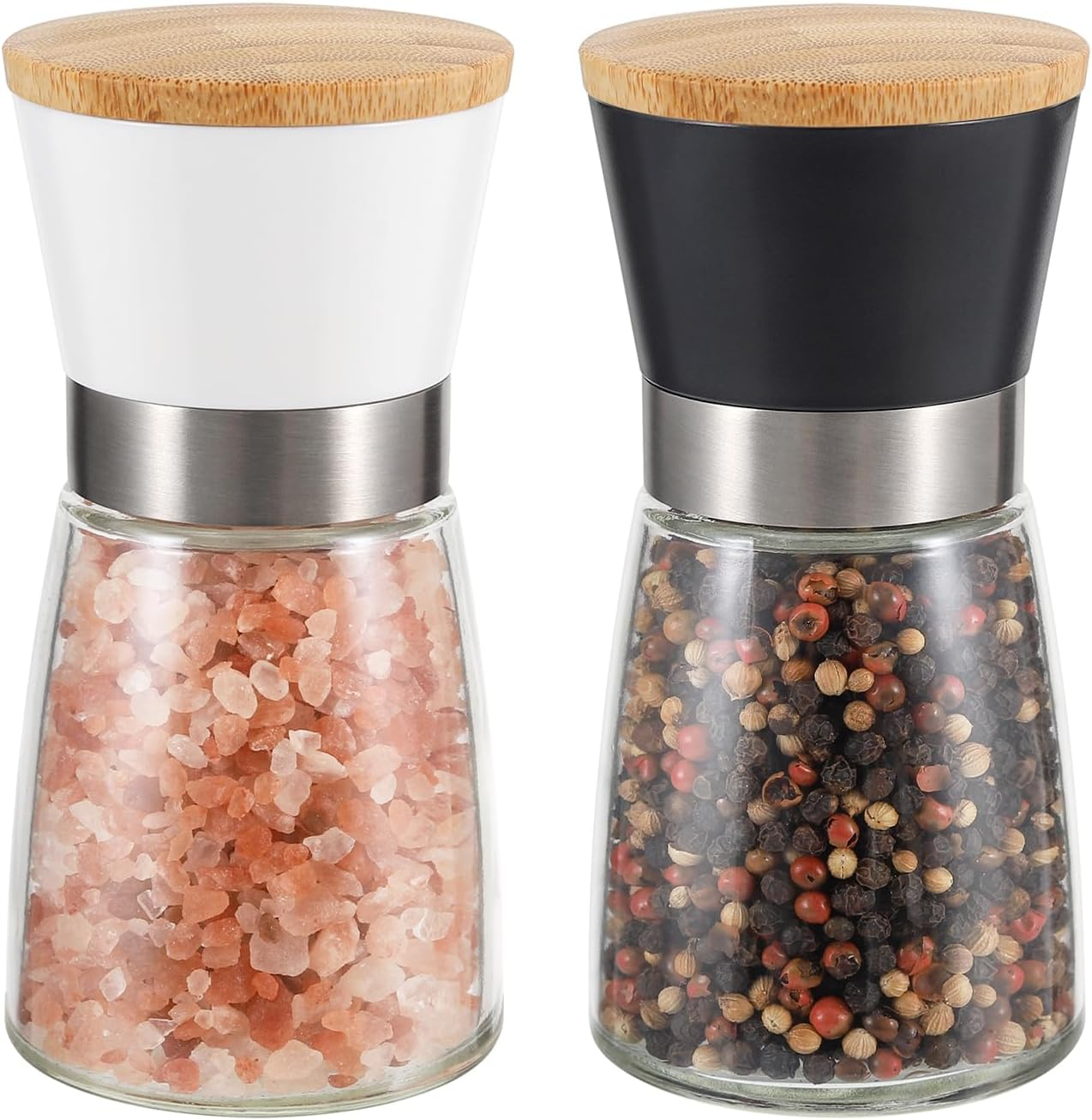 Manual Salt and Pepper Grinder Set Bamboo Lid - Adjustable Coarse Salt and Pepper Mills - Refillable Ceramic Burr Kitchen Gift Salt Pepper Shakers Black&White