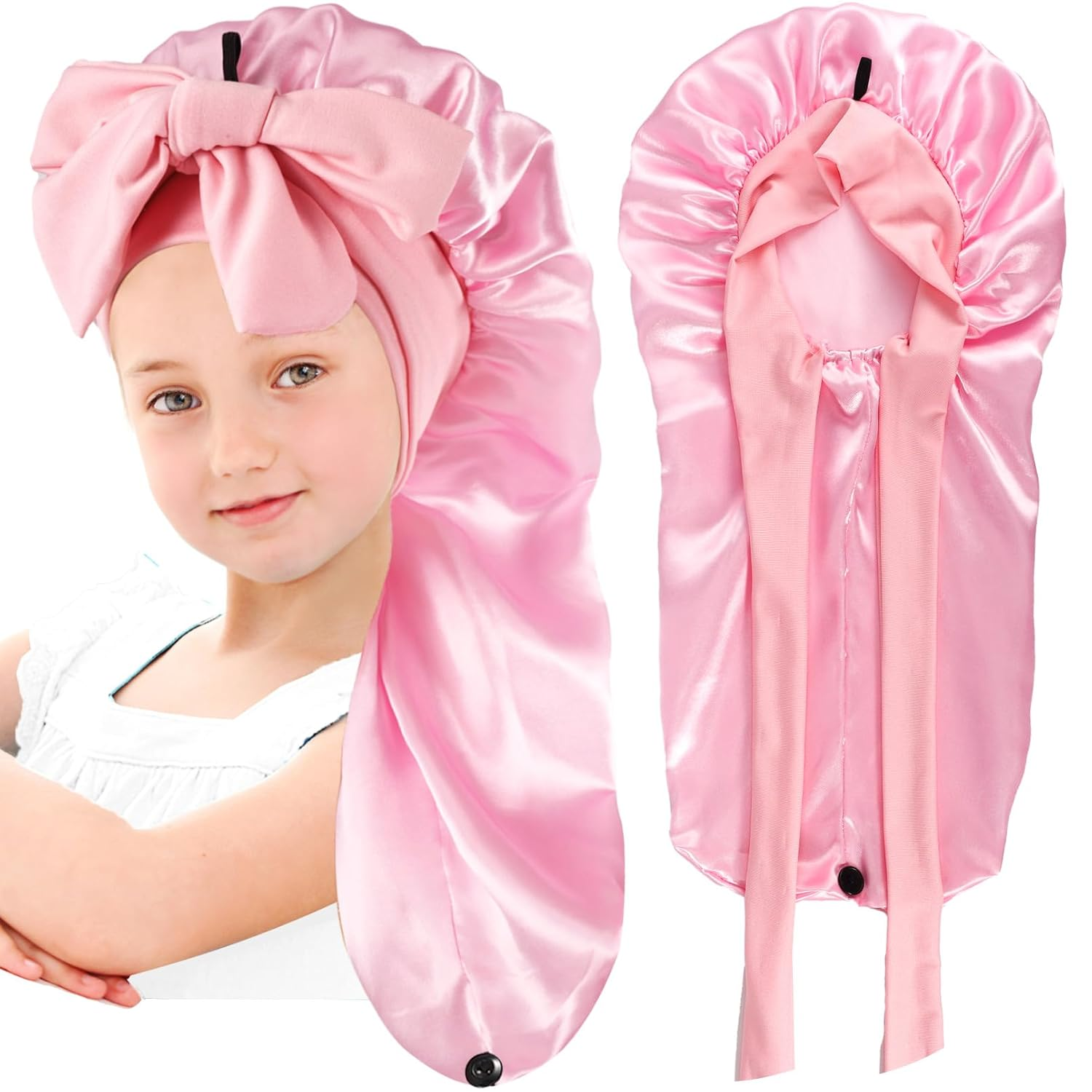 Kids Long Hair Bonnet for Sleeping, Silk Satin Bonnet with Tie Band for Curly Hair, Aged 3-12 (Pink)