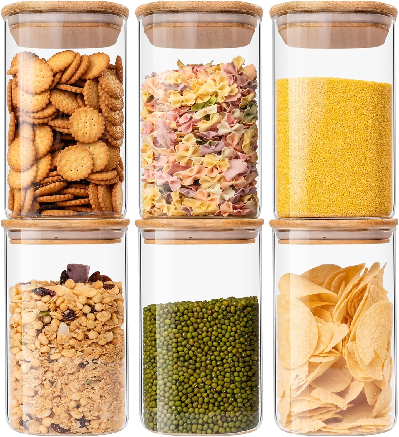 Glass Food Storage Jars 37 Oz Set of 6,Glass Storage Containers Clear Glass Food Canister with Bamboo Lid Airtight for Serving Tea, Coffee, Flour, Sugar, Candy, Cookie, Spice and More (Square)
