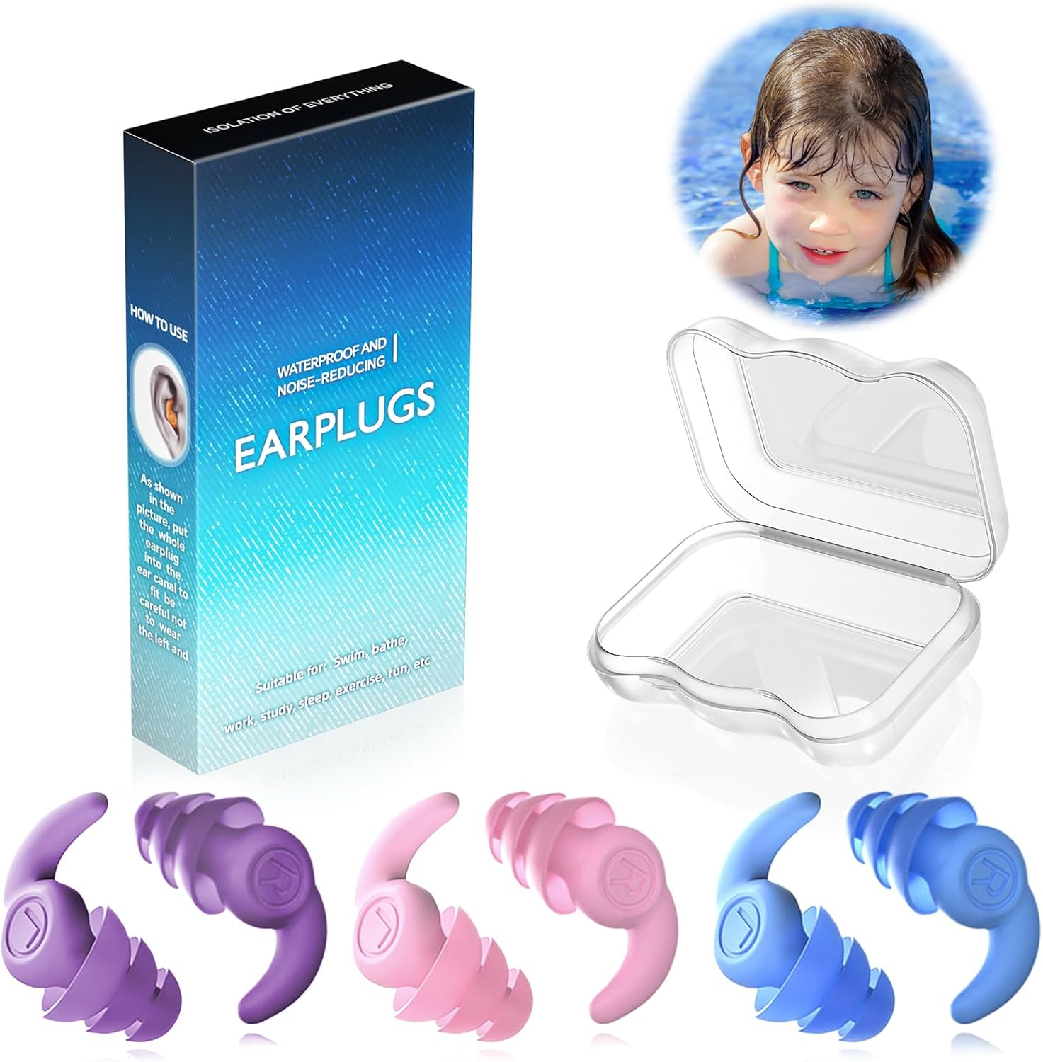 Kids Swimming Ear Plugs, 3 Pairs Waterproof Silicone Reusable Earplugs, Ear Protection for Pool Swimming Showering for Child 4-12 Years Old