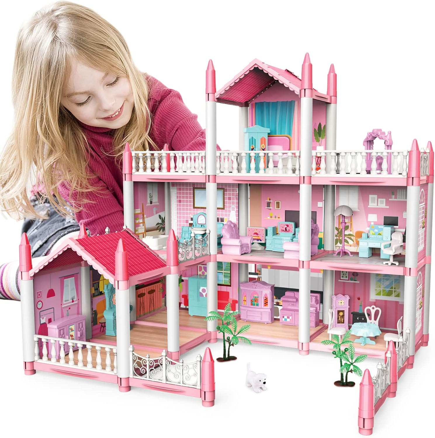 Doll House - 3 Story 9 Rooms Pink Pretend Play Building Accessory and Furniture
