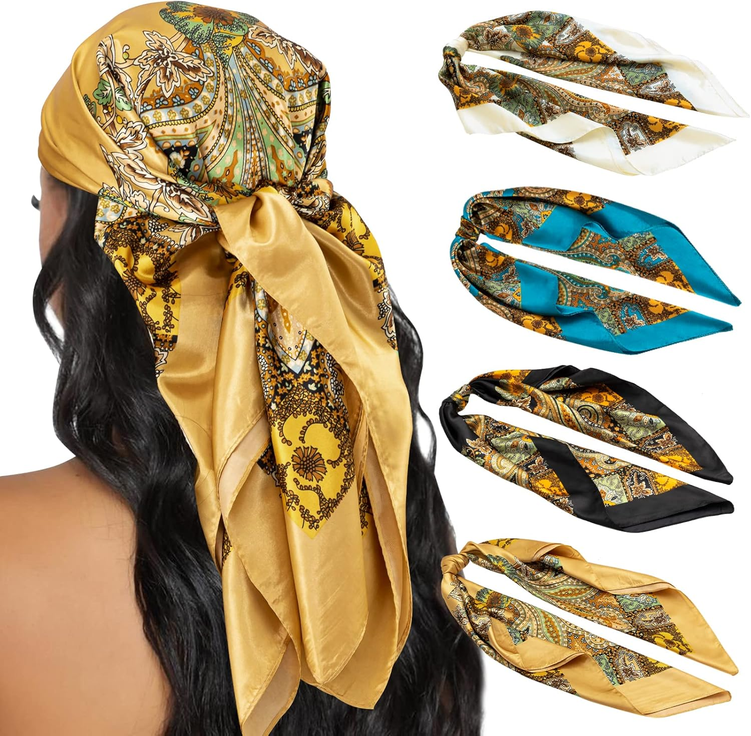 4PCS Head Scarf for Women 35” Head Scarves Silk Like Satin Neck Scarfs Square Bandana Hair Wraps Scarf for Sleeping