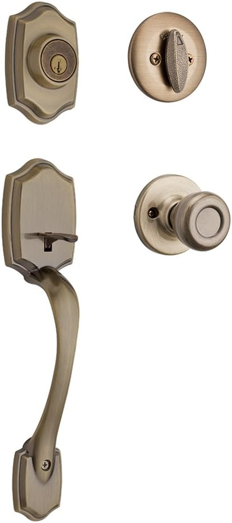 Kwikset Belleview Front Door Lock Handle and Deadbolt Set, Entry Handleset Exterior with Interior Door Knob, Antique Brass, Pick Resistant Smartkey Rekey Deadbolt Security