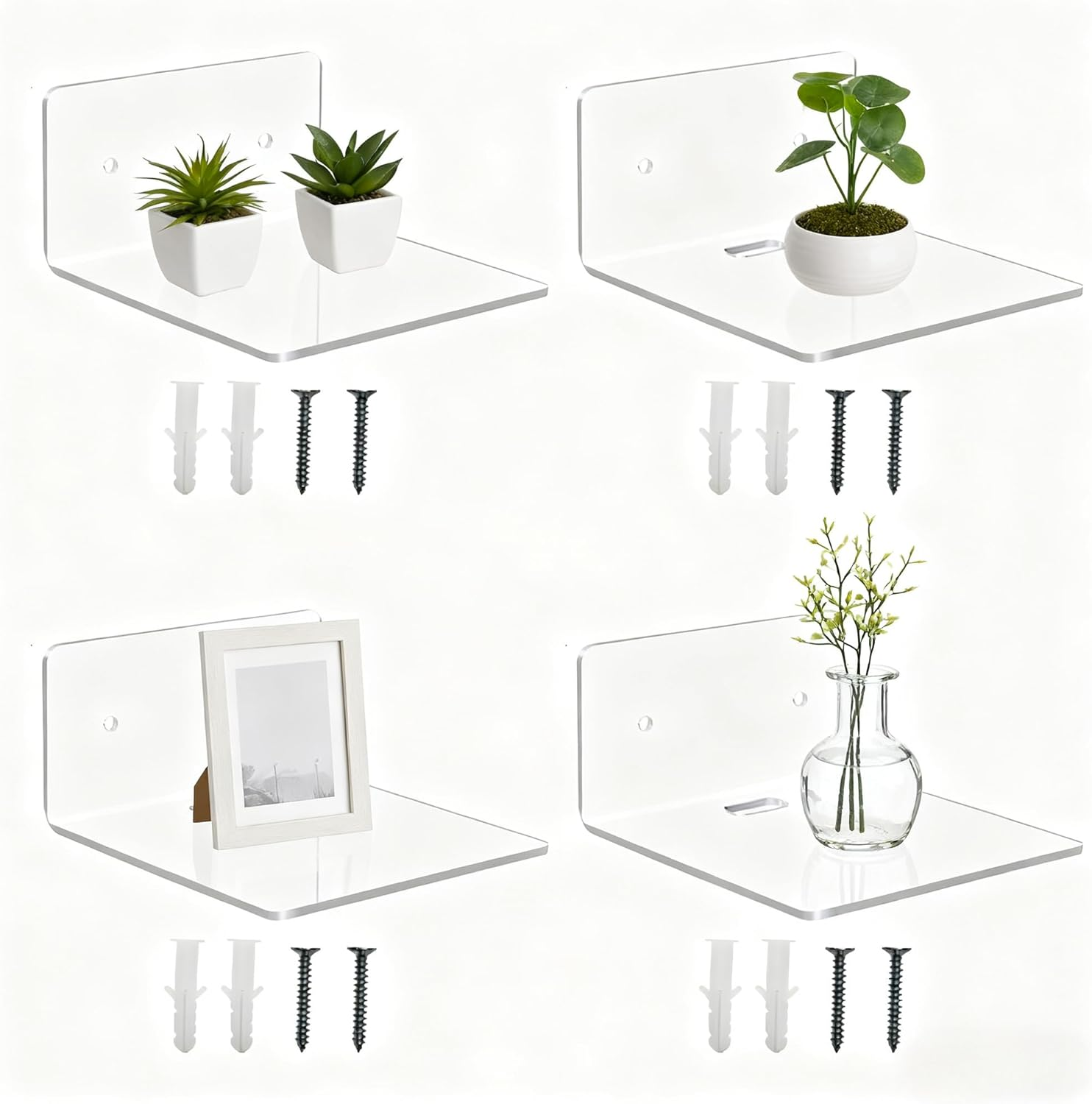 4 Pack Small Floating Shelves for Wall, 4'' Clear Acrylic Wall Shelf Display Ledges for Bedroom, Bathroom, Living Room & Office, Mini Storage Shelves Screw Installation