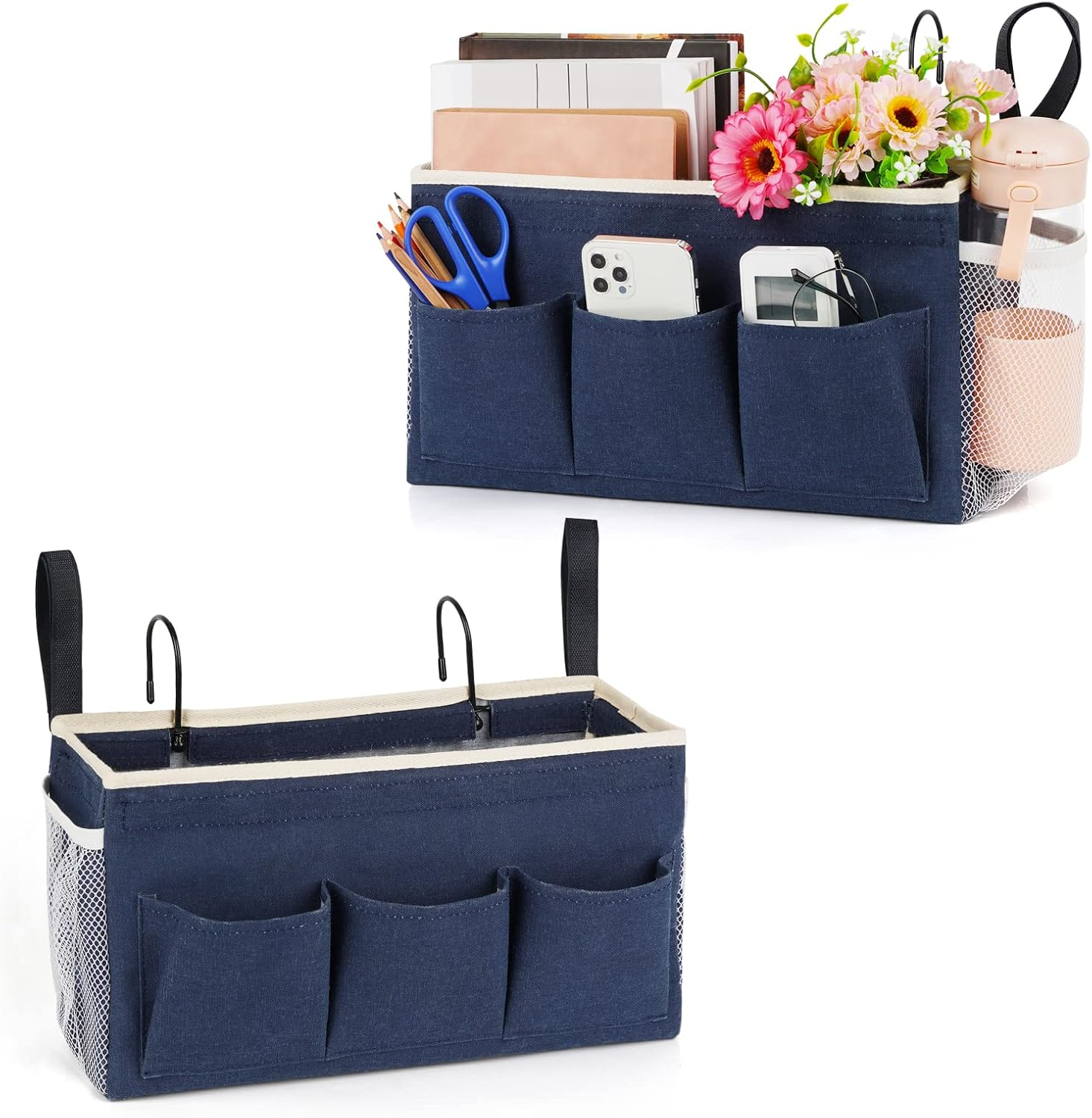 Bedside Caddy Bedside Organizer Bedside Storage Caddy with Fixed Straps and Water Bottle Holder for Home College Dorm Bunk Bed Hospital Bed Crib Bed Rails (2Pcs Navy Blue)