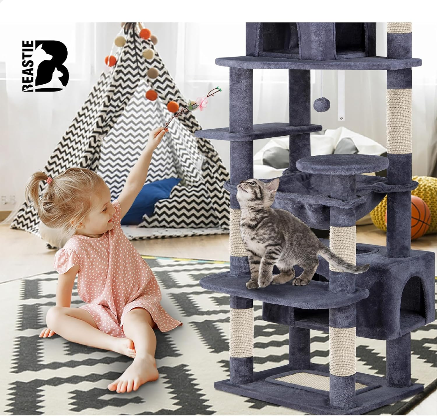 BEASTIE Cat Tree Play Tower 184cm Tall, Multi-Story Kittens Scratching Post T... - Picture 10 of 14