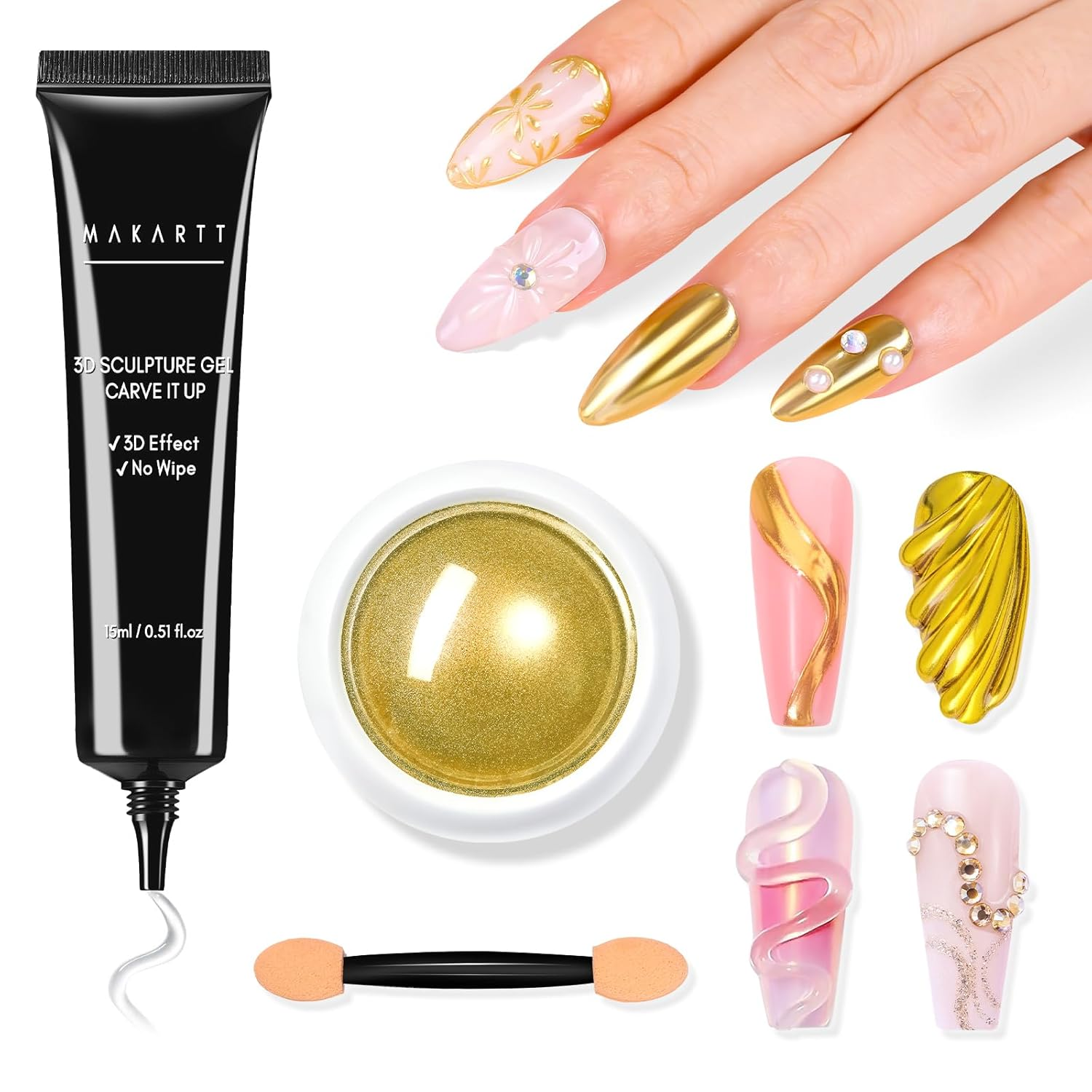 3D Gel Nail Art with Gold Chrome Nail Powder Kit: Clear Molding Gel for Nail Art 15G Sculpting Glue Polish and Metallic Effect Mirror Powder Set for Nail Decoration Manicure Charms