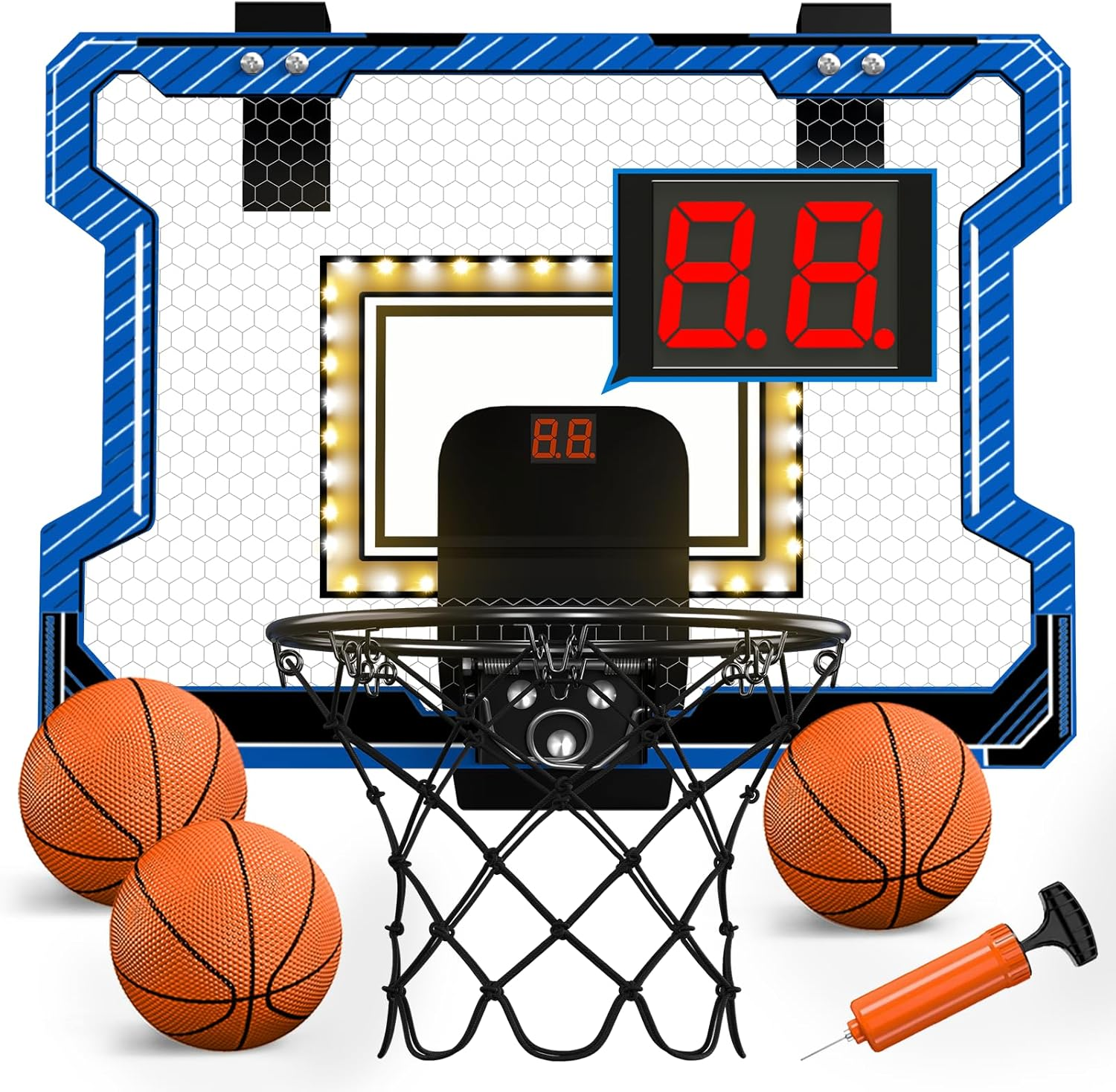 Mini Basketball Hoop Indoor with Scoreboard/Led Light, Glow in the Dark Door Basketball Hoop, Toy Gifts for Kids Boys Girls Teens Adults, Suit for Bedroom/Office/Outdoor/Pool, Blue