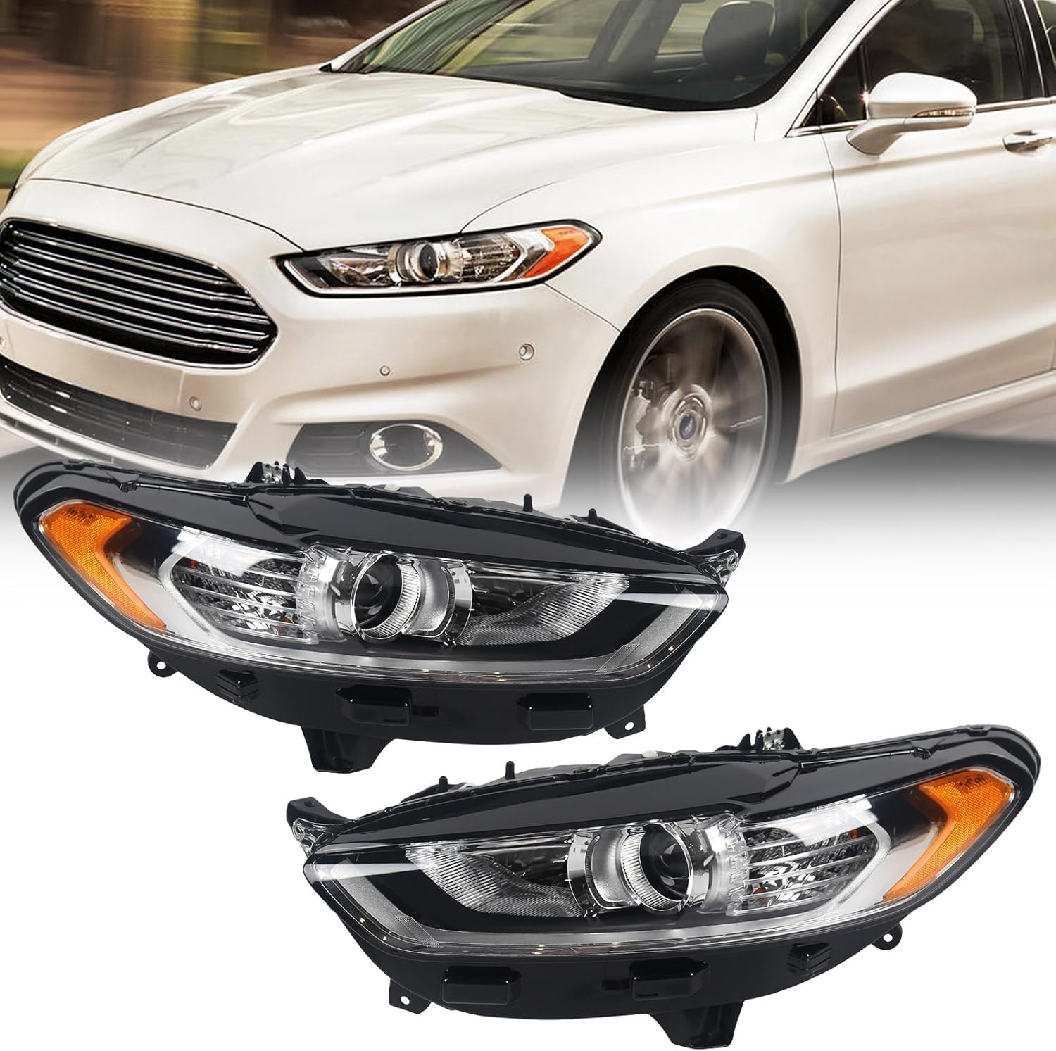 for Ford Fusion Headlight Assembly 2013 2014 2015 2016 Halogen Projector Headlamp Replacement Black Housing Clear Lens Head Light Chrome Front Lamp Pair Left & Right Side