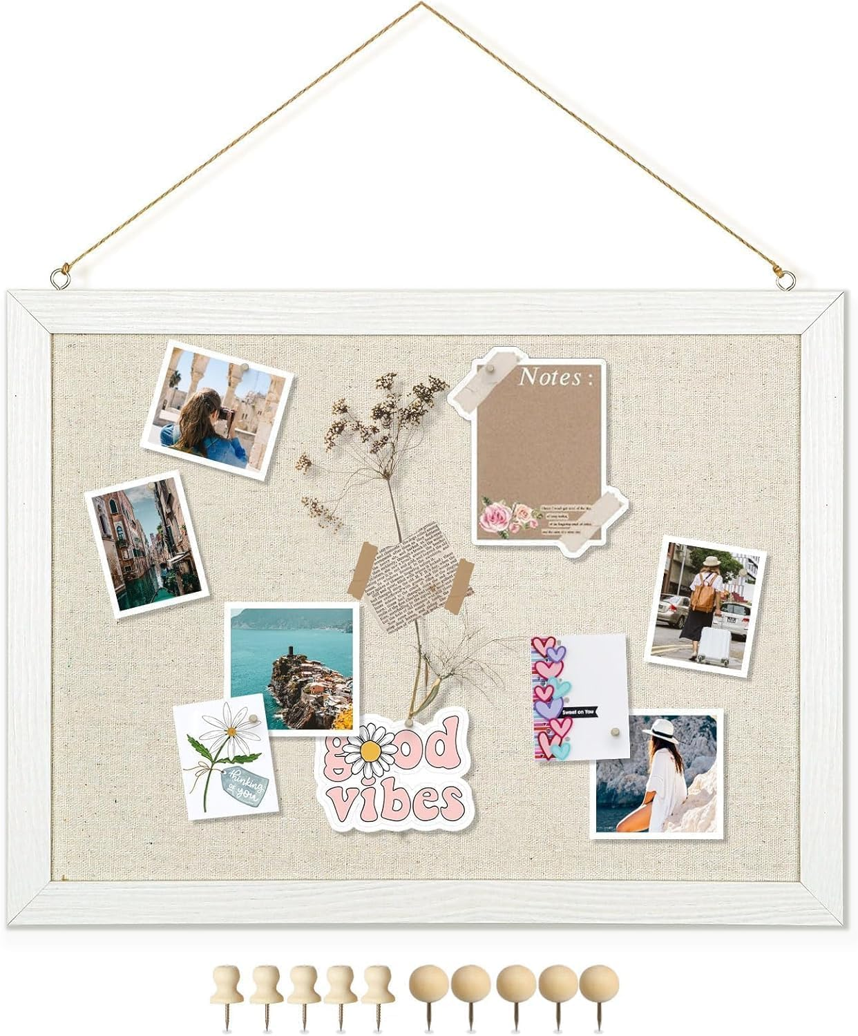 Bulletin Boards with Linen 1-Pack 16''X 12'' Double-Sided Cork Board for Walls Wood Framed Bulletin Boards, Small Pin Board for Home Kitchen Office Decorative Hanging 10 Pushpins