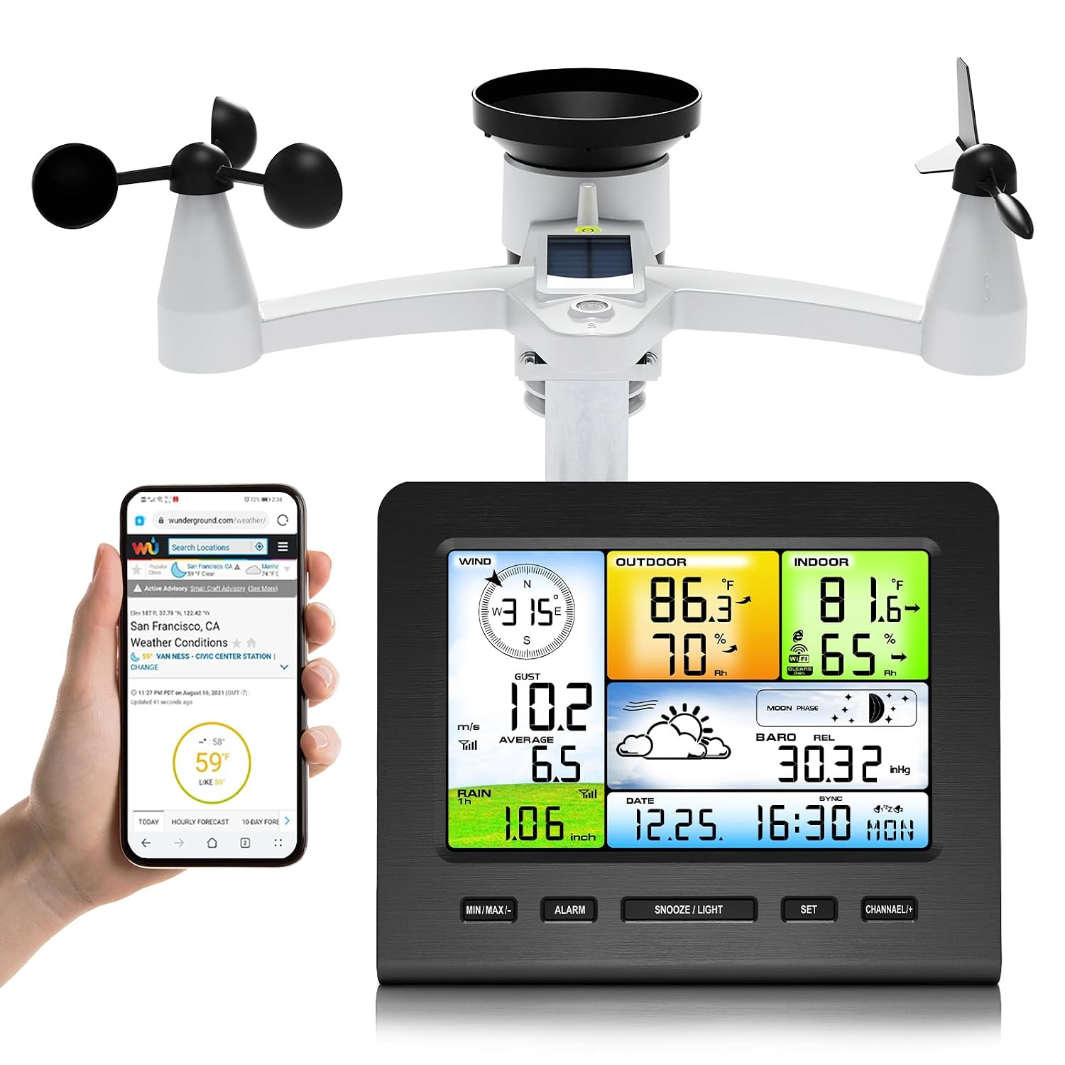 Wifi Weather Station Wireless Indoor Outdoor for Home Garden, Smart Weather Stations with Rain Gauge, Wind Speed/Direction, Moon Phase, Barometer, Temperature/Humidity Alert for Farm