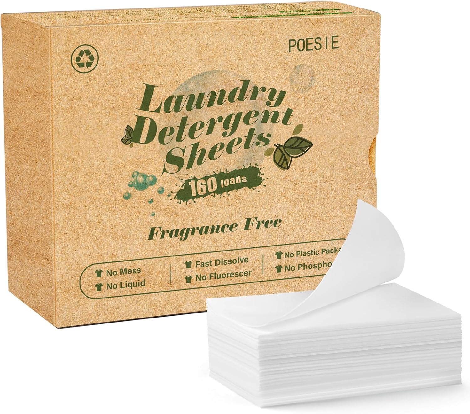 Laundry Detergent Sheets Fragrance Free Non-Plastic Precut Zero Waste 160 Count Liquidless Washing Strips for Home Dorm Travel Camping Hiking Portable