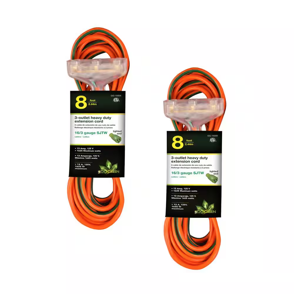 (G-15008-2) 8 Ft. 16/3 3 Outlet Indoor Heavy Duty Extension Cord, Orange, 2 PACK