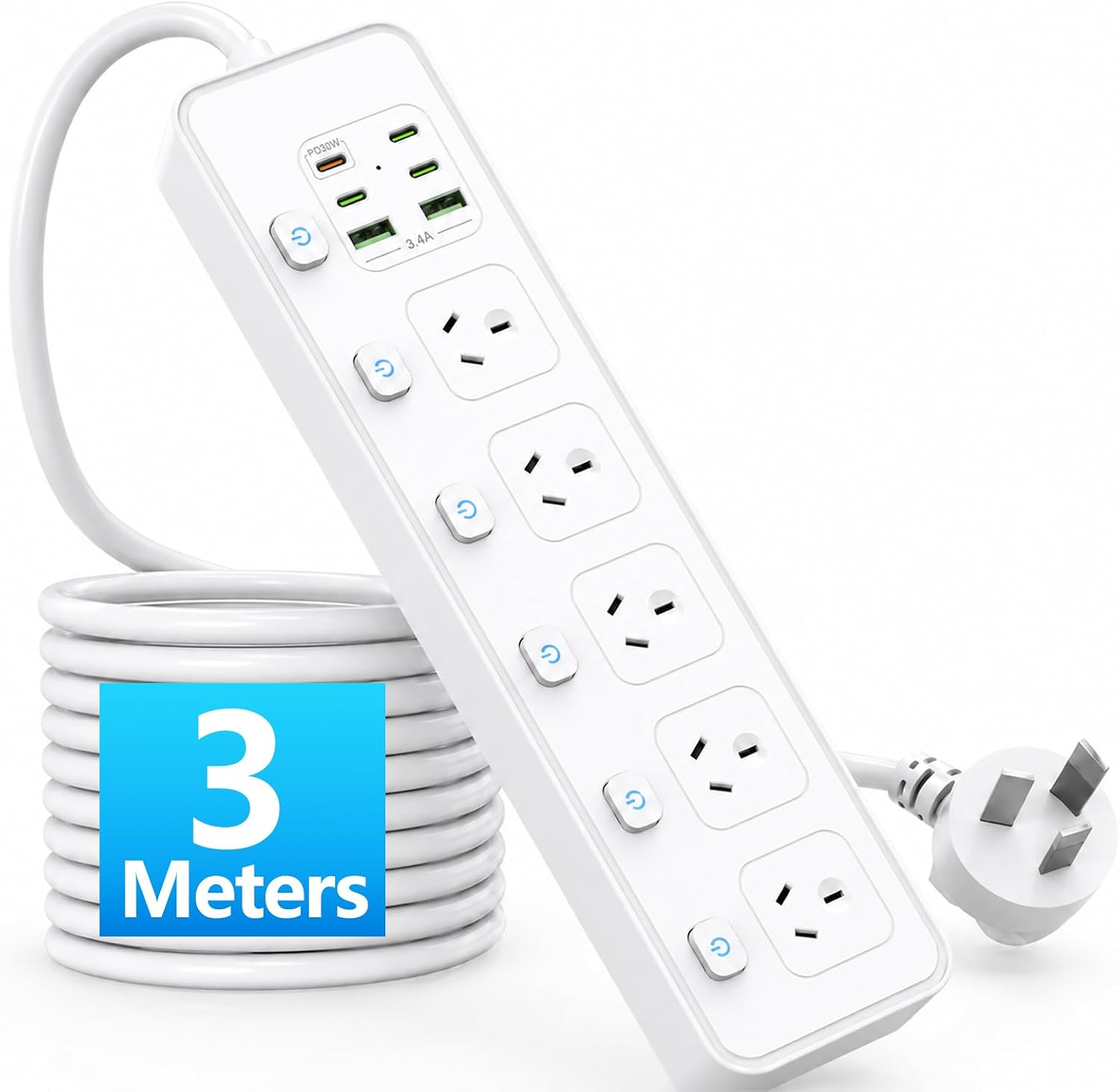 3 Meters Power Board Surge Protected, Extension Cord with Individual Switch, Powerboard Power Strip with 5 AC Outlets & 2 USB & 3 Type-C & PD30W, Wall Mount for Home Office (White)