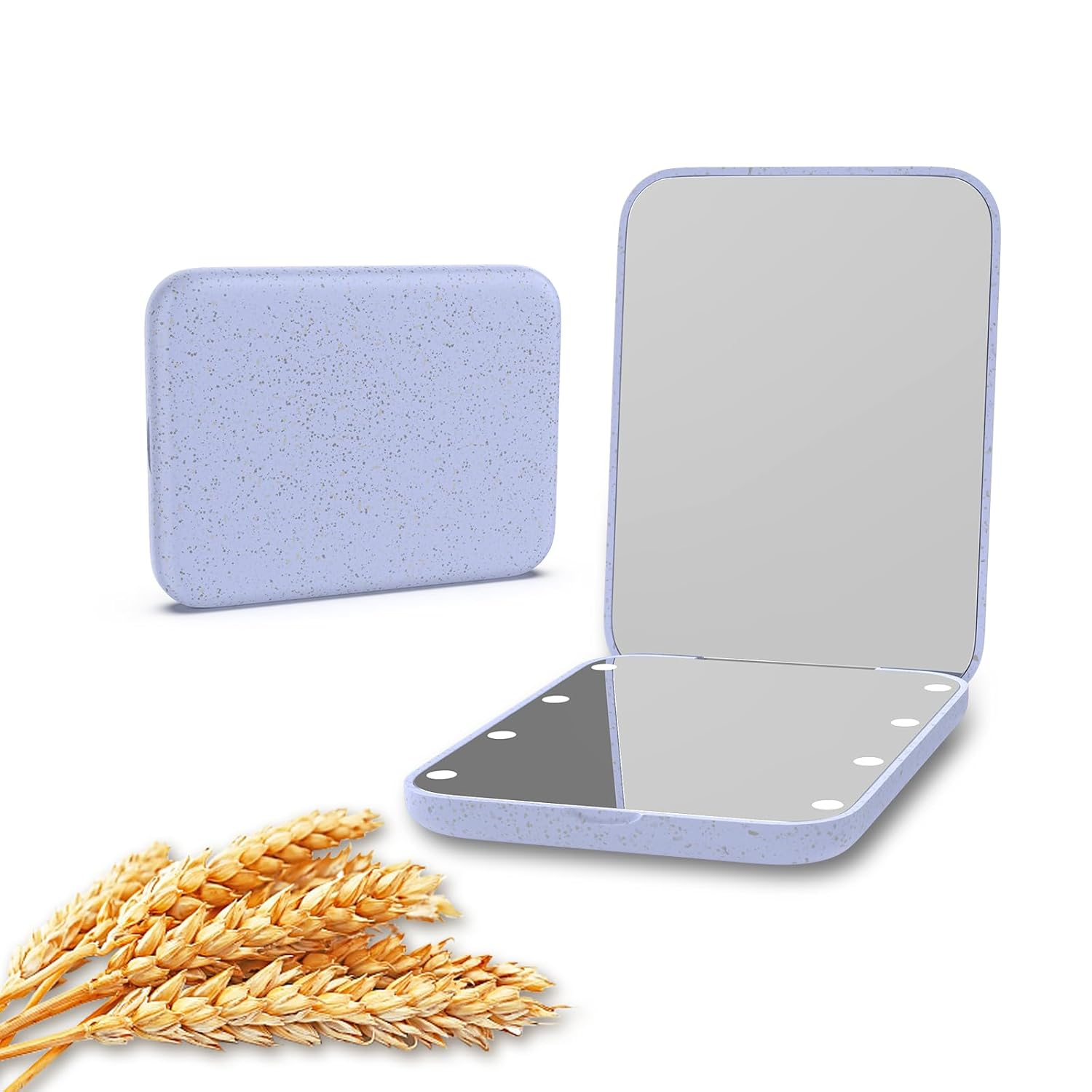 Wheat Straw Pocket Mirror, 1X/3X Magnification Travel Mirror for Purse, Folding Handheld Mirror, Small Lighted Compact Mirror for Gift, Purple