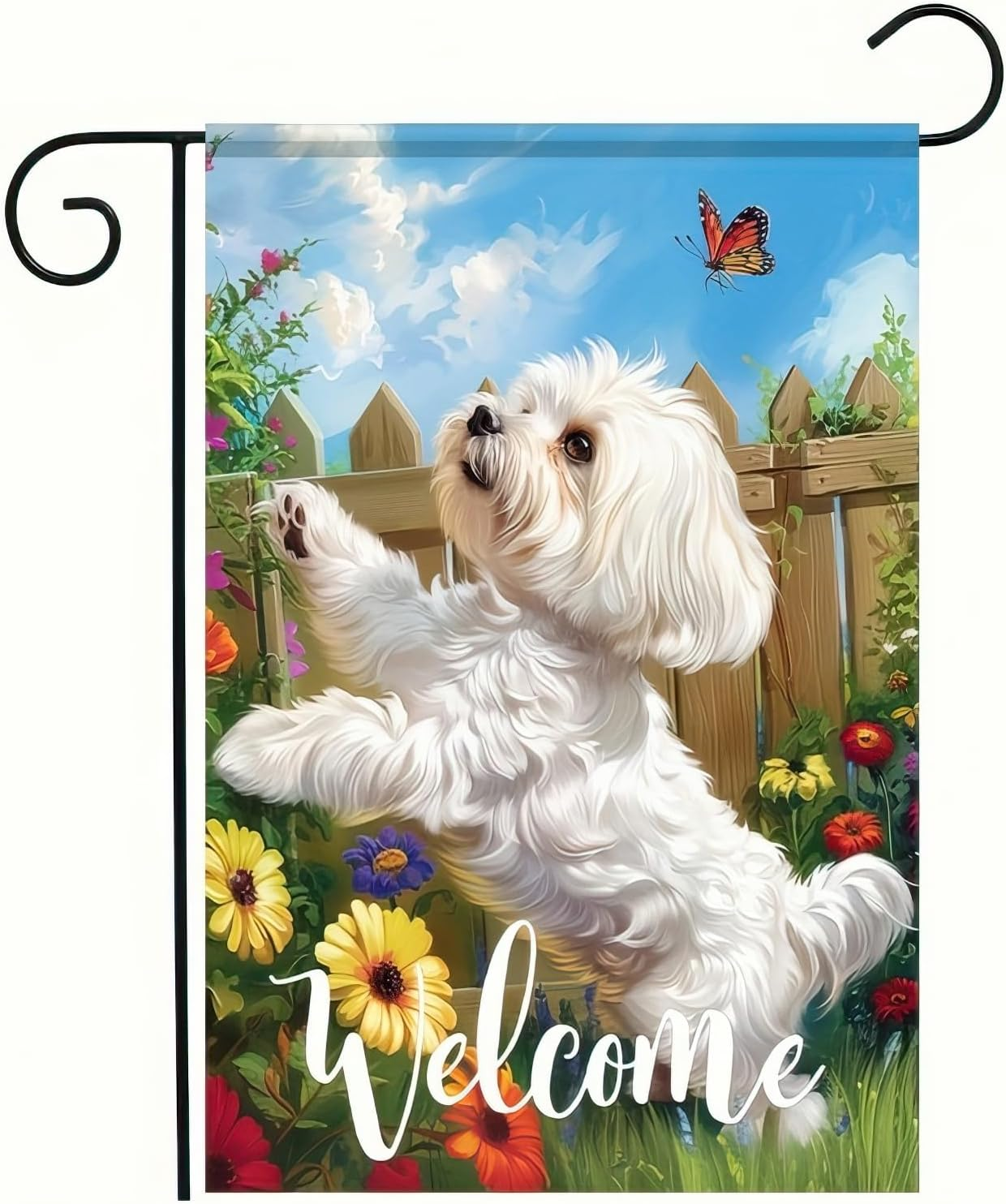 Welcome Spring Summer Flowers Maltese Dog Garden Flag Lovely Floral Seasonal Home Decor Banner 12X18 Double Sided Funny Dog Garden Flag Farmhouse Outdoor Yard Decoration Flag
