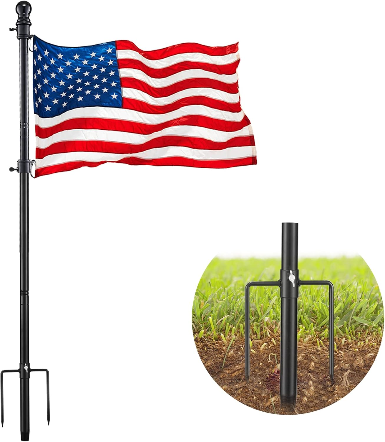 Donsail Black Flag Poles for outside in Ground - 8FT Flag Pole for House with 2 Pronges Base - Stainless Steel Flag Pole Kit with 3X5Ft American Flag for Yard Residential Commercial