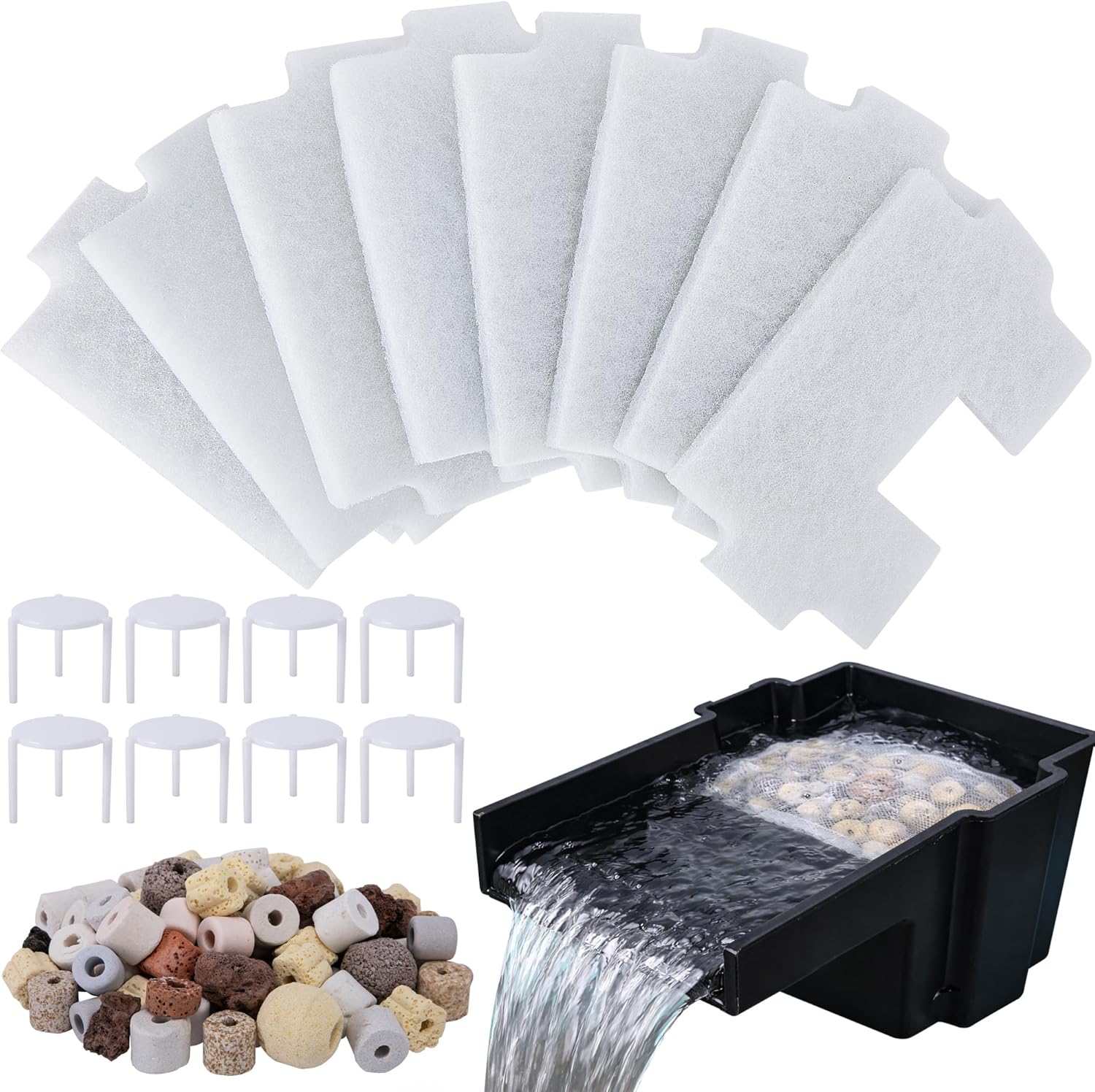 17 Pcs Pond Waterfall Spillway Filter Media, 8 Inch Waterfall Box Filter Pad with Bracket and Ceramic Rings, Reusable Pond Filter Replacement Mat to Maintain Water Quality, No Spillway Included