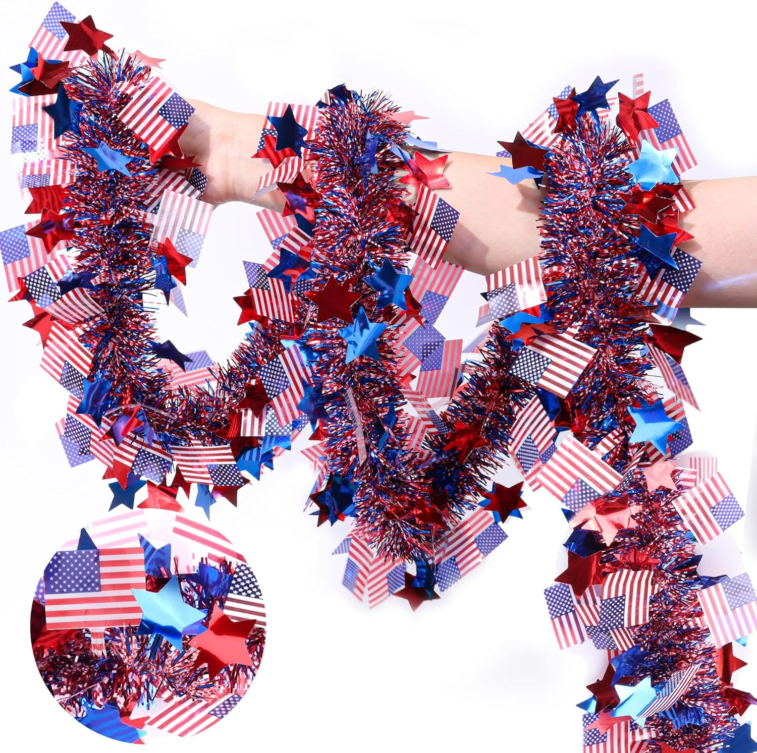 50FT Patriotic Tinsel Garland 4Th of July Decorations, Red White Blue Star American Flag Garland Glitter Patriotic Garland for Fourth July Independence Day Memorial Day Decor Outdoor Indoor Home Party